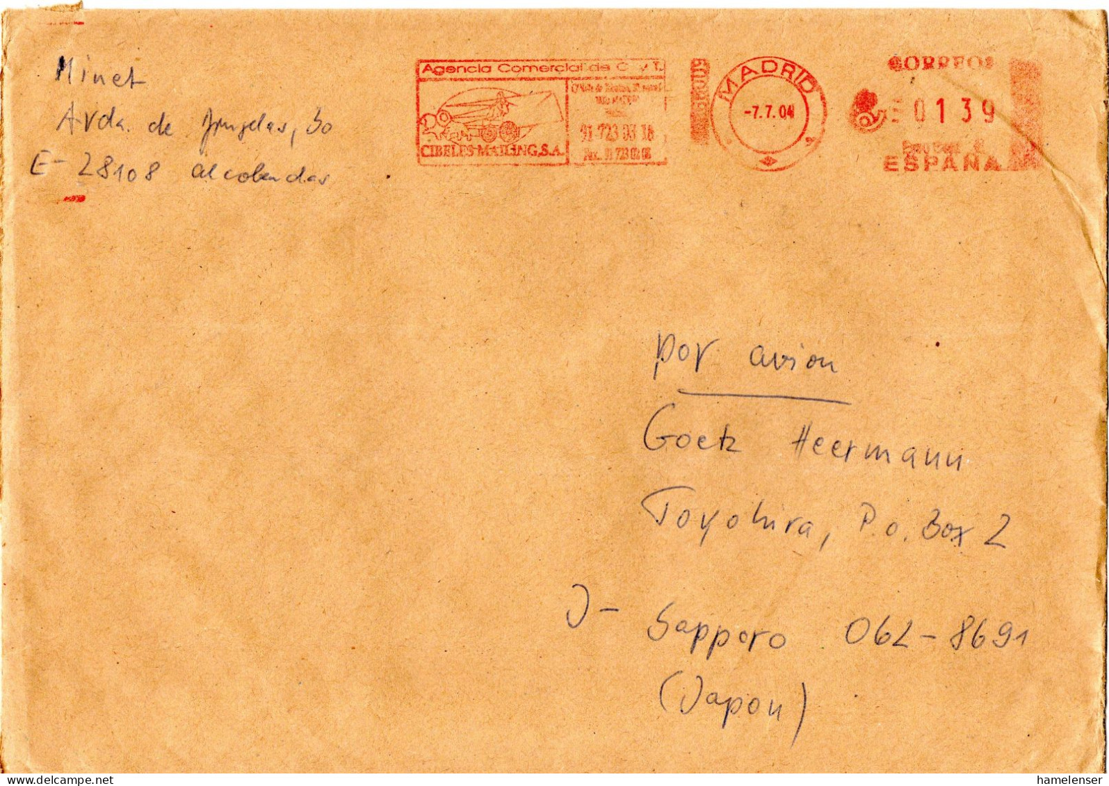 L75615 - Spanien - 2004 - 139c AbsFreistpl "Cibeles" A LpBf MADRID -> Japan - Briefe U. Dokumente