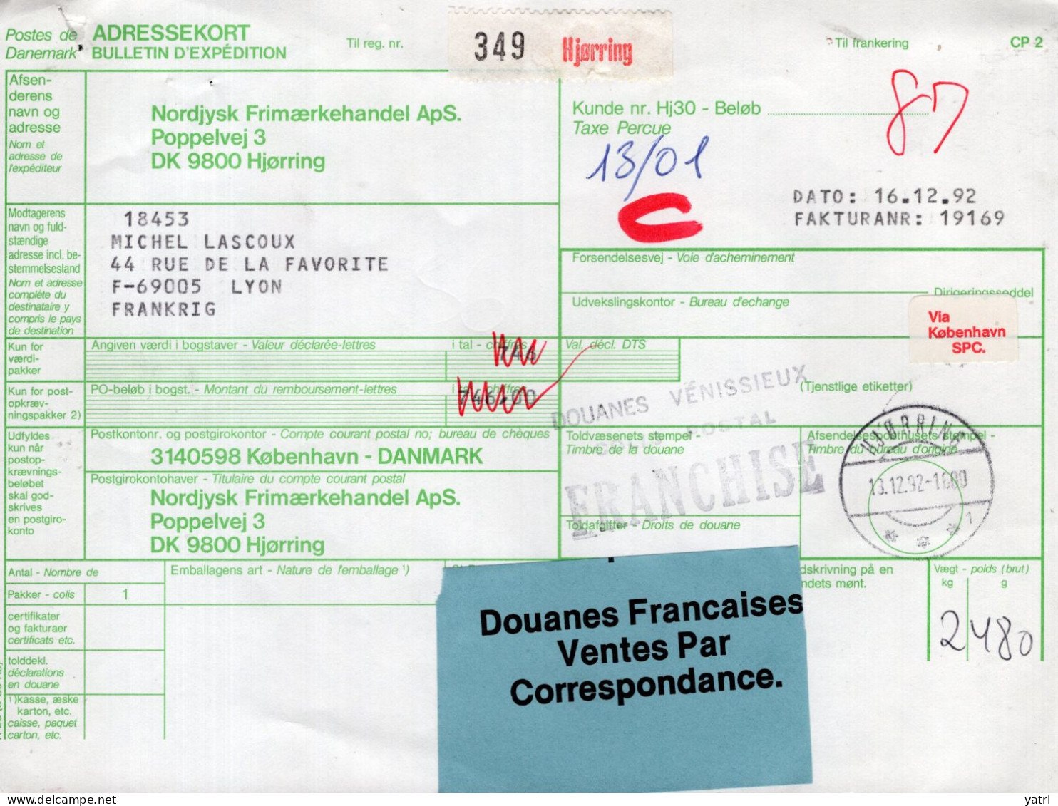 Danimarca (1992) - Bollettino Pacchi Via Di Superficie Per La Francia - Paketmarken