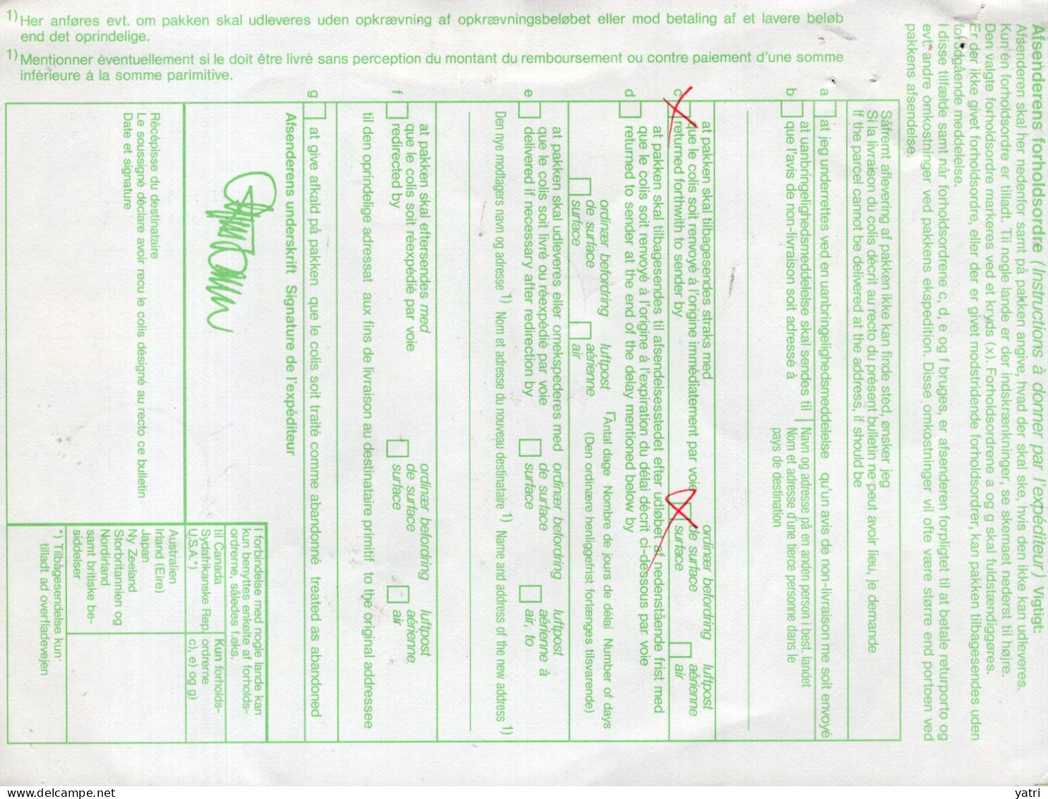 Danimarca (1992) - Bollettino Pacchi Via Di Superficie Per La Francia - Postpaketten