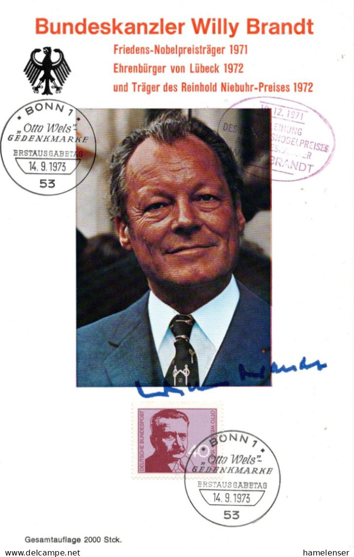 L75620 - Bund - 1973 - 40Pfg Wels A GedBlatt Willy Brandt ESST BONN, M Autogramm Von Willy Brandt - Lettres & Documents