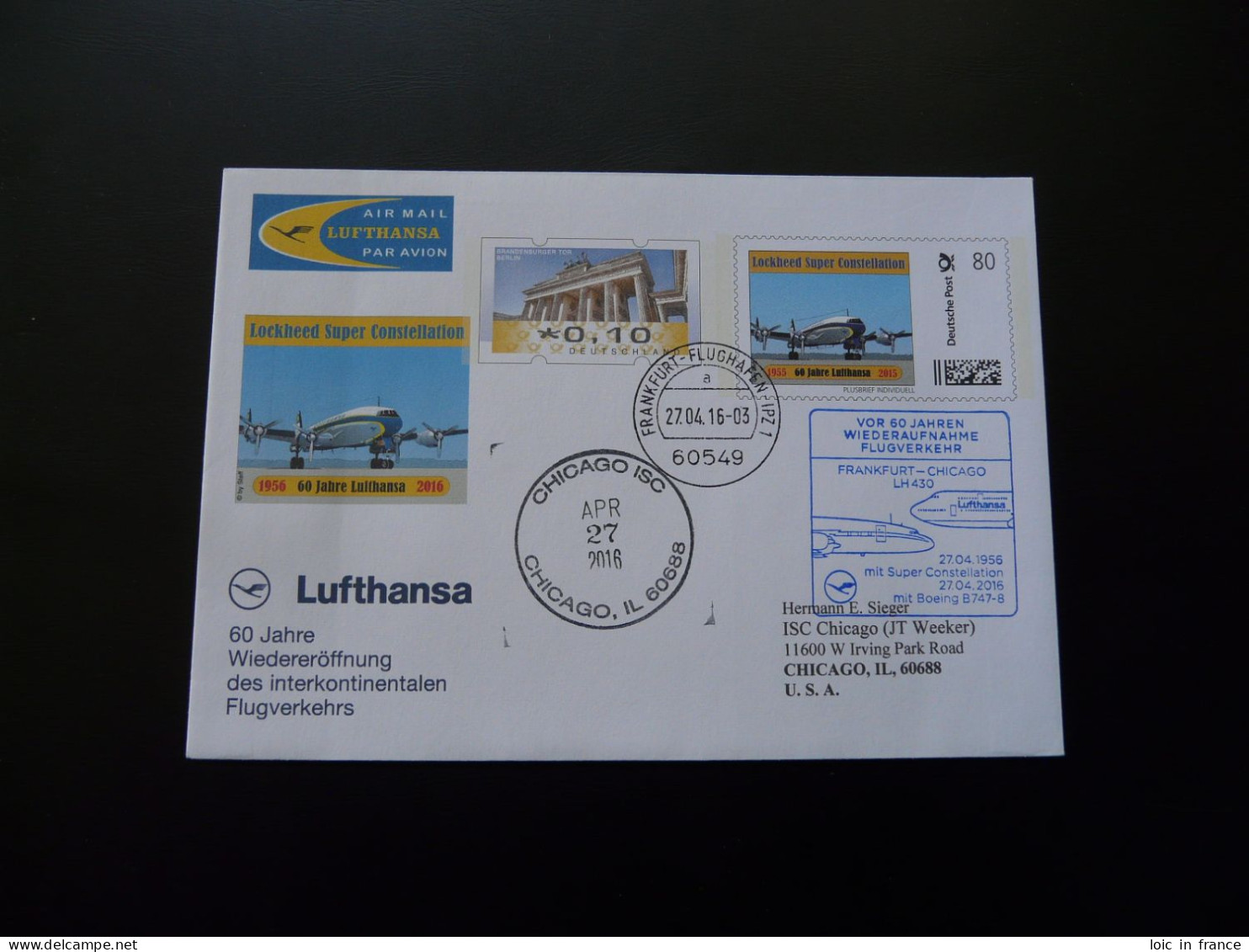 Plusbrief Individuell Lettre Vol Special Flight Cover Frankfurt To Chicago Lufthansa 2016 - Enveloppes Privées - Oblitérées