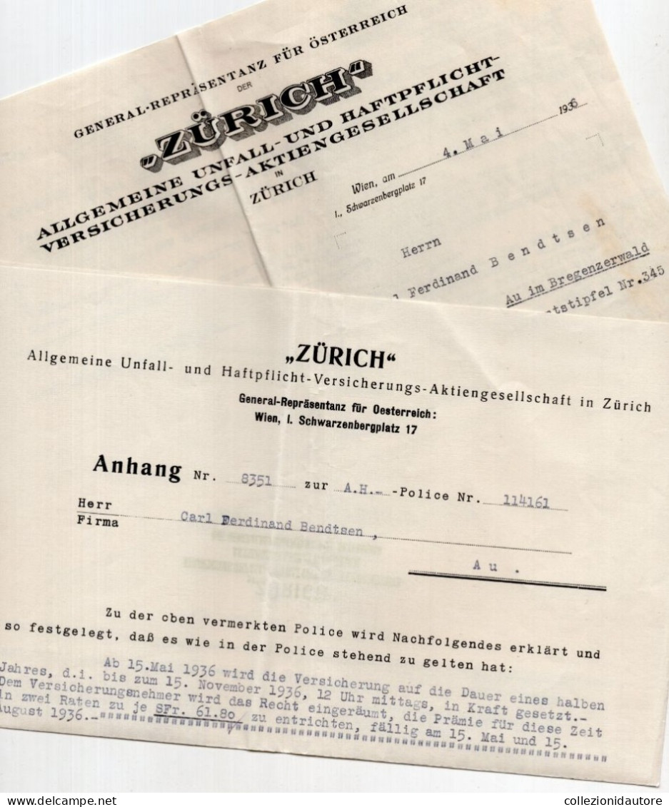 SWITZERLAND - ZÜRICH - ASSICURAZIONE GENERALE INFORTUNI E RESPONSABILITÀ AKTIENGESELLSCHAFT N° 2 DOCUMENTI DEL 1936 - Svizzera