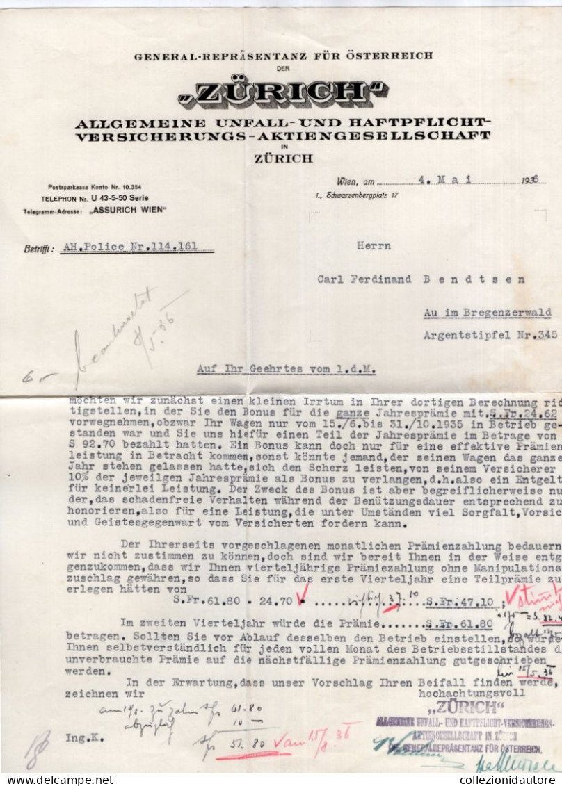 SWITZERLAND - ZÜRICH - ASSICURAZIONE GENERALE INFORTUNI E RESPONSABILITÀ AKTIENGESELLSCHAFT N° 2 DOCUMENTI DEL 1936 - Suisse