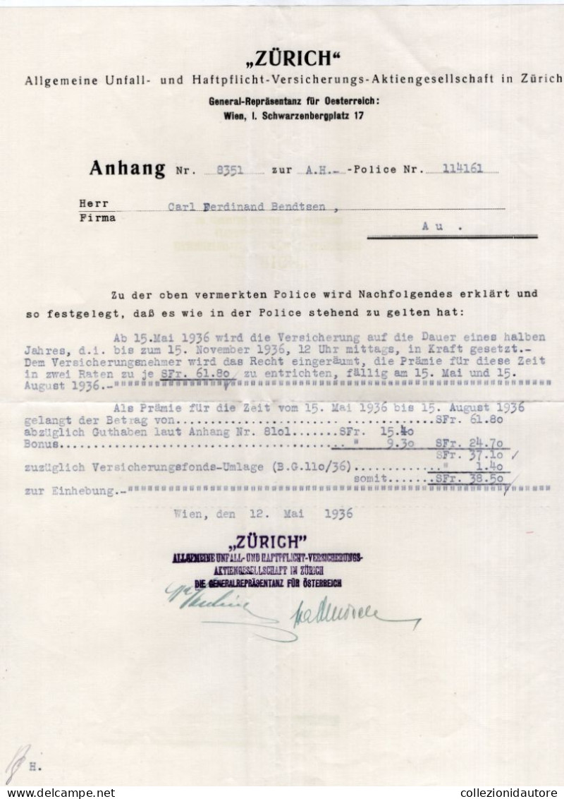 SWITZERLAND - ZÜRICH - ASSICURAZIONE GENERALE INFORTUNI E RESPONSABILITÀ AKTIENGESELLSCHAFT N° 2 DOCUMENTI DEL 1936 - Schweiz