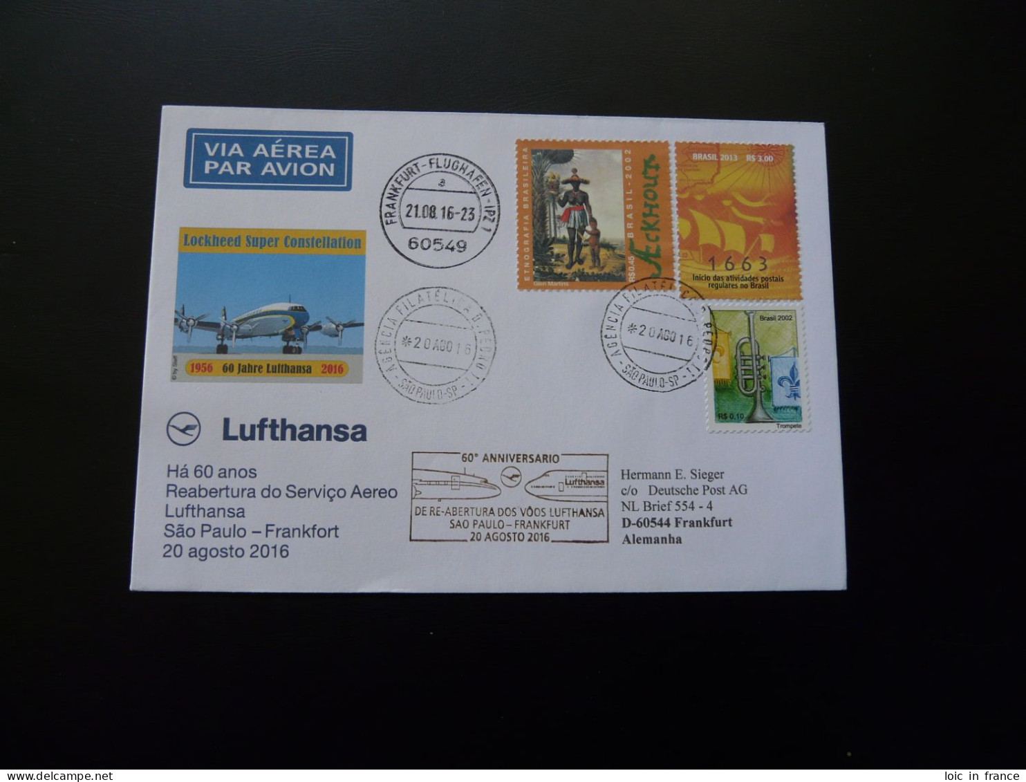 Lettre Vol Special Flight Cover Sao Paulo Brazil To Frankfurt 60 Years Reopening Lufthansa 2016 - Storia Postale