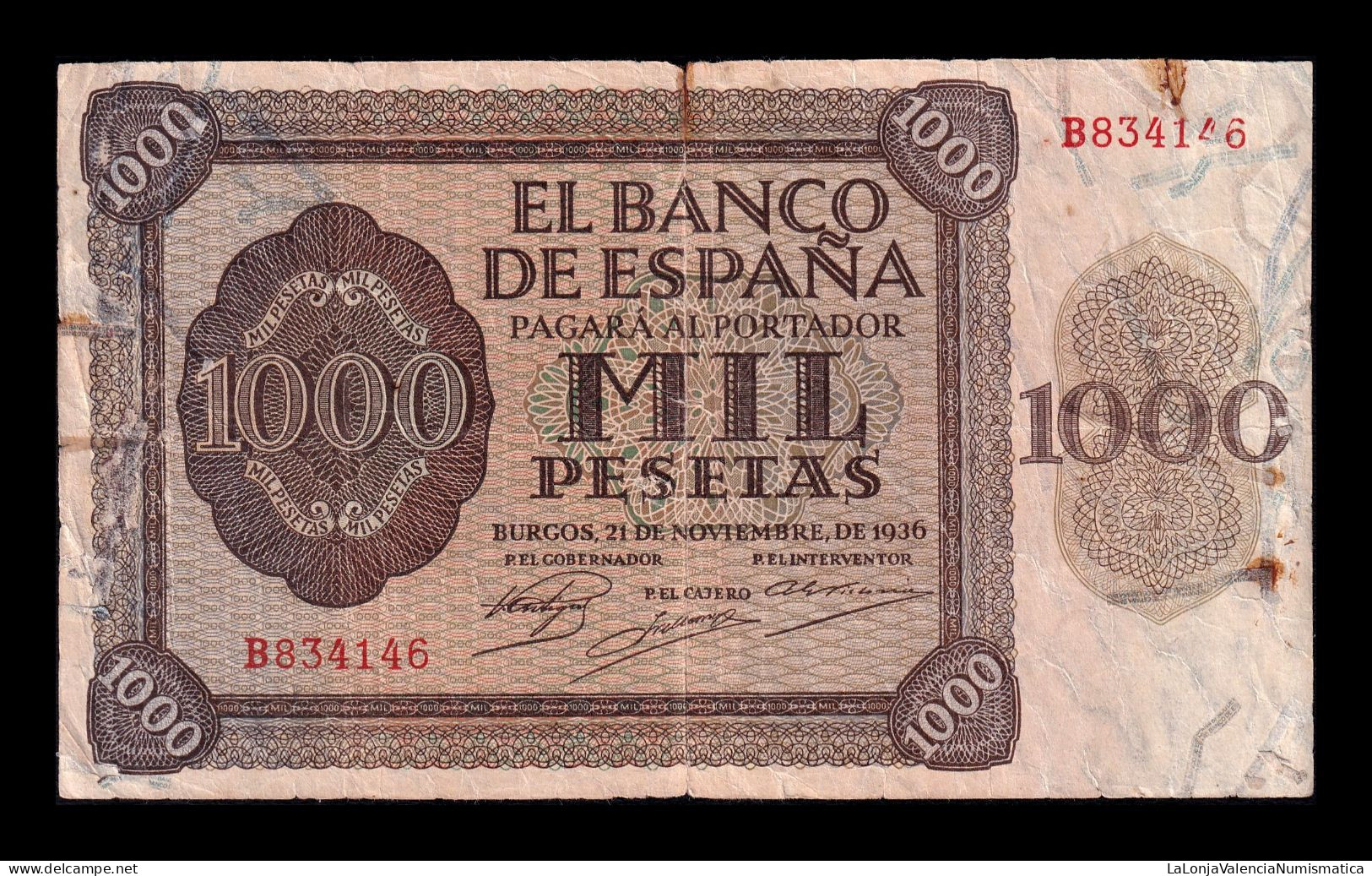 España Spain 1000 Pesetas Burgos 1936 Pick 103 Serie B Bc/+ F/+ - Andere & Zonder Classificatie