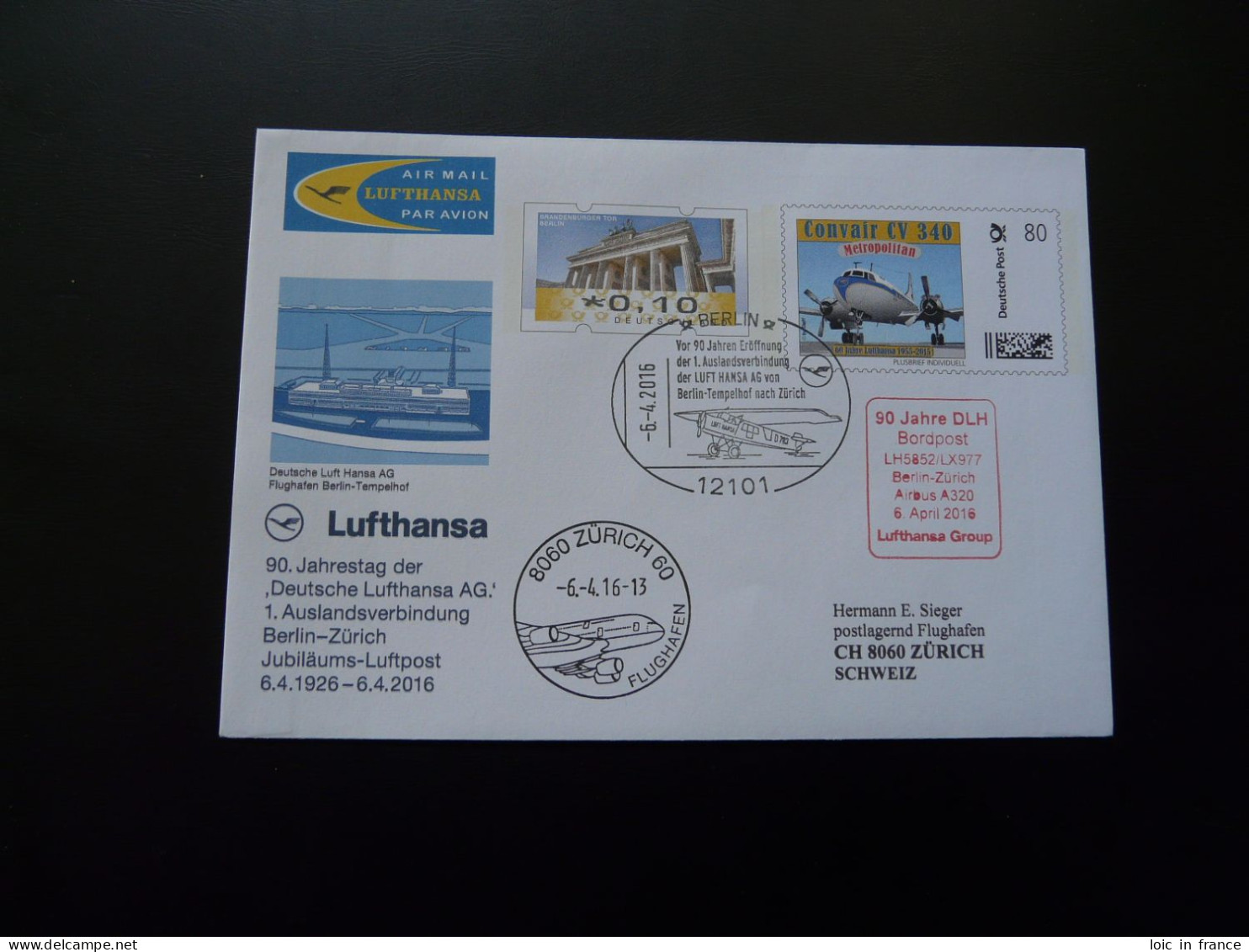 Entier Postal Plusbrief Individuell Cover Vol Special Flight Berlin Zurich Lufthansa 2016 - Enveloppes Privées - Oblitérées