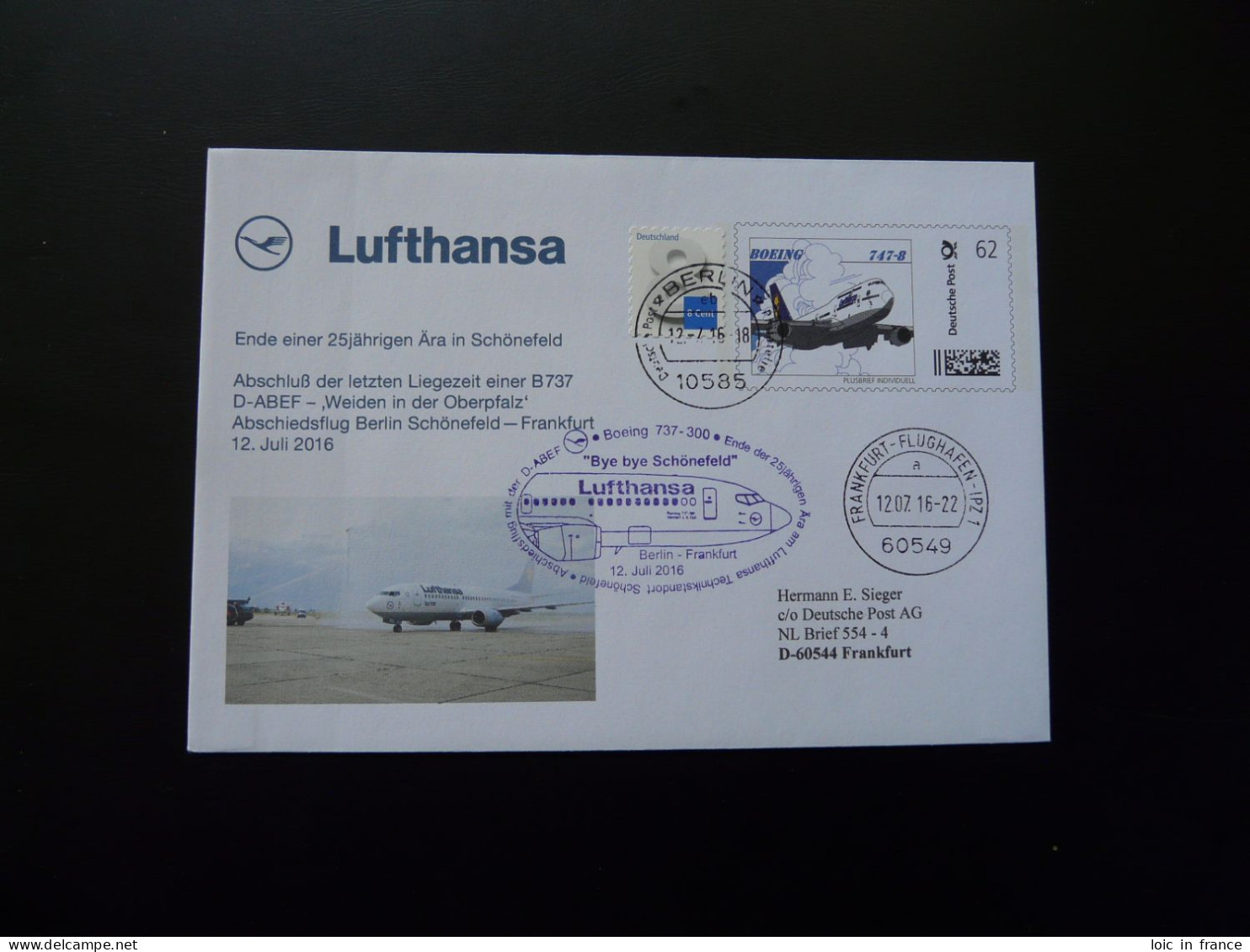 Entier Postal Plusbrief Individuell Cover Vol Special Flight Berlin Frankfurt Lufthansa 2016 - Private Covers - Used