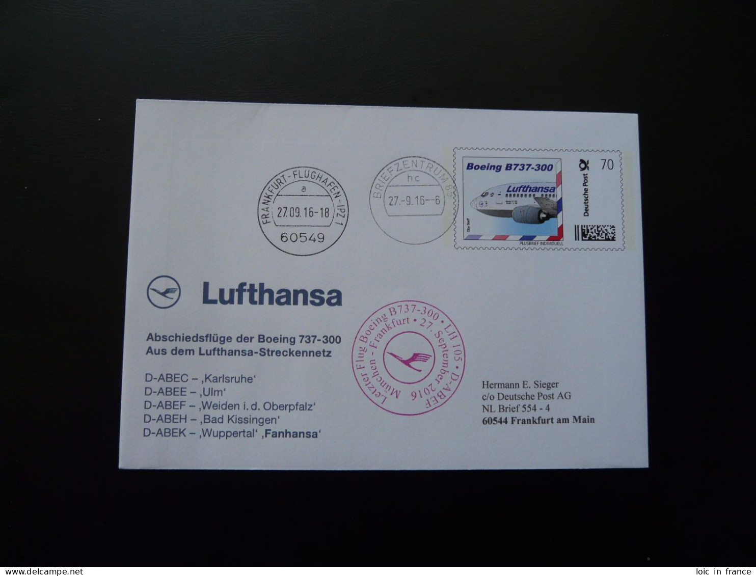 Plusbrief Individuell Entier Postal Dernier Vol Last Flight Munchen Frankfurt Boeing 737 Lufthansa 2016 - Private Covers - Used