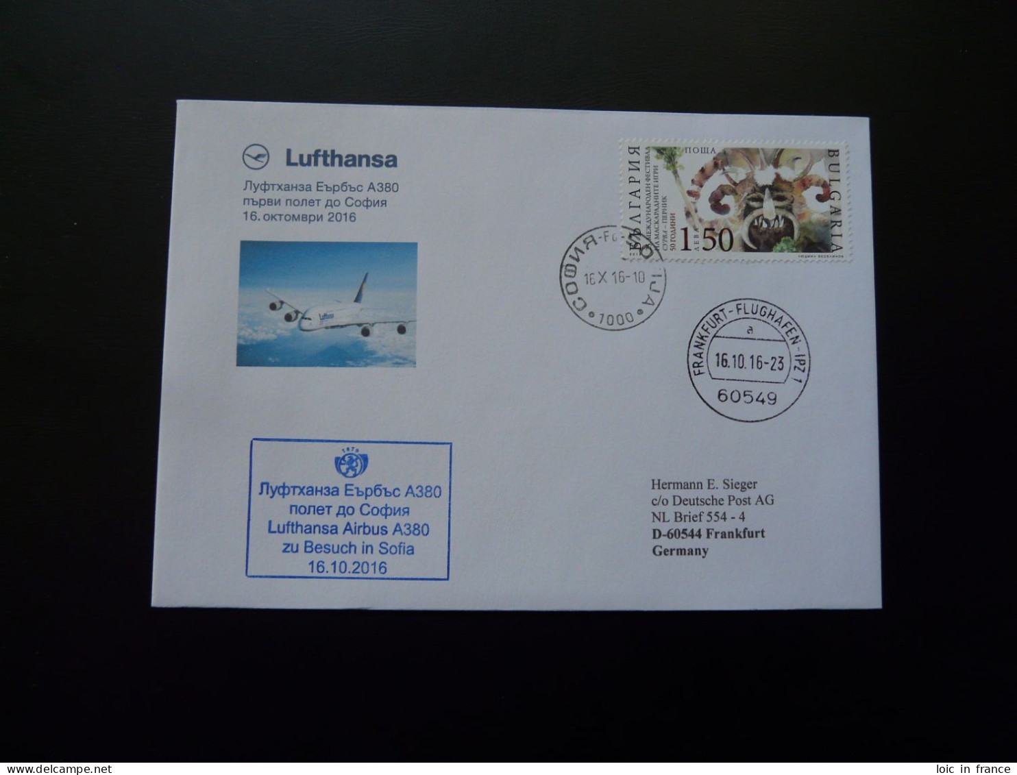 Lettre Premier Vol First Flight Cover Sofia Bulgaria To Frankfurt Airbus A380 Lufthansa 2016 - Brieven En Documenten