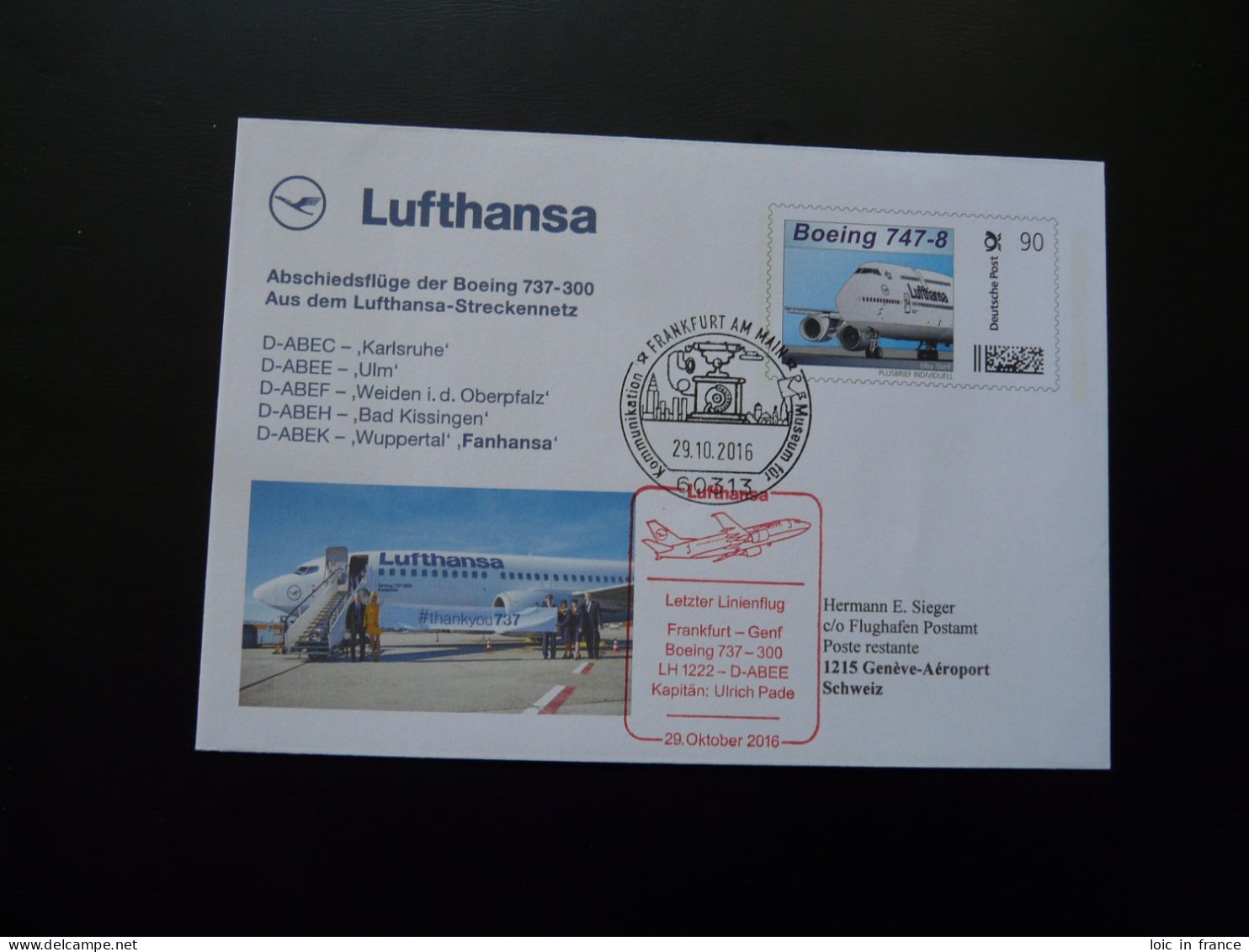 Plusbrief Individuell Entier Postal Dernier Vol Last Flight Frankfurt Geneve Boeing 737 Lufthansa 2016 - Private Covers - Used