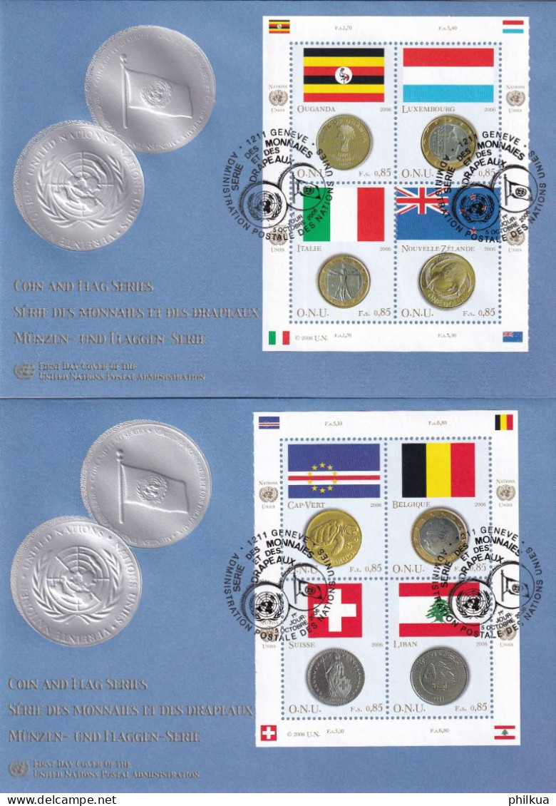 MiNr. 553 - 560 Vereinte Nationen Genf 2006, 5. Okt. Flaggen Und Münzen Der Mitgliedstaaten (I) - 2 FDC's - Monnaies