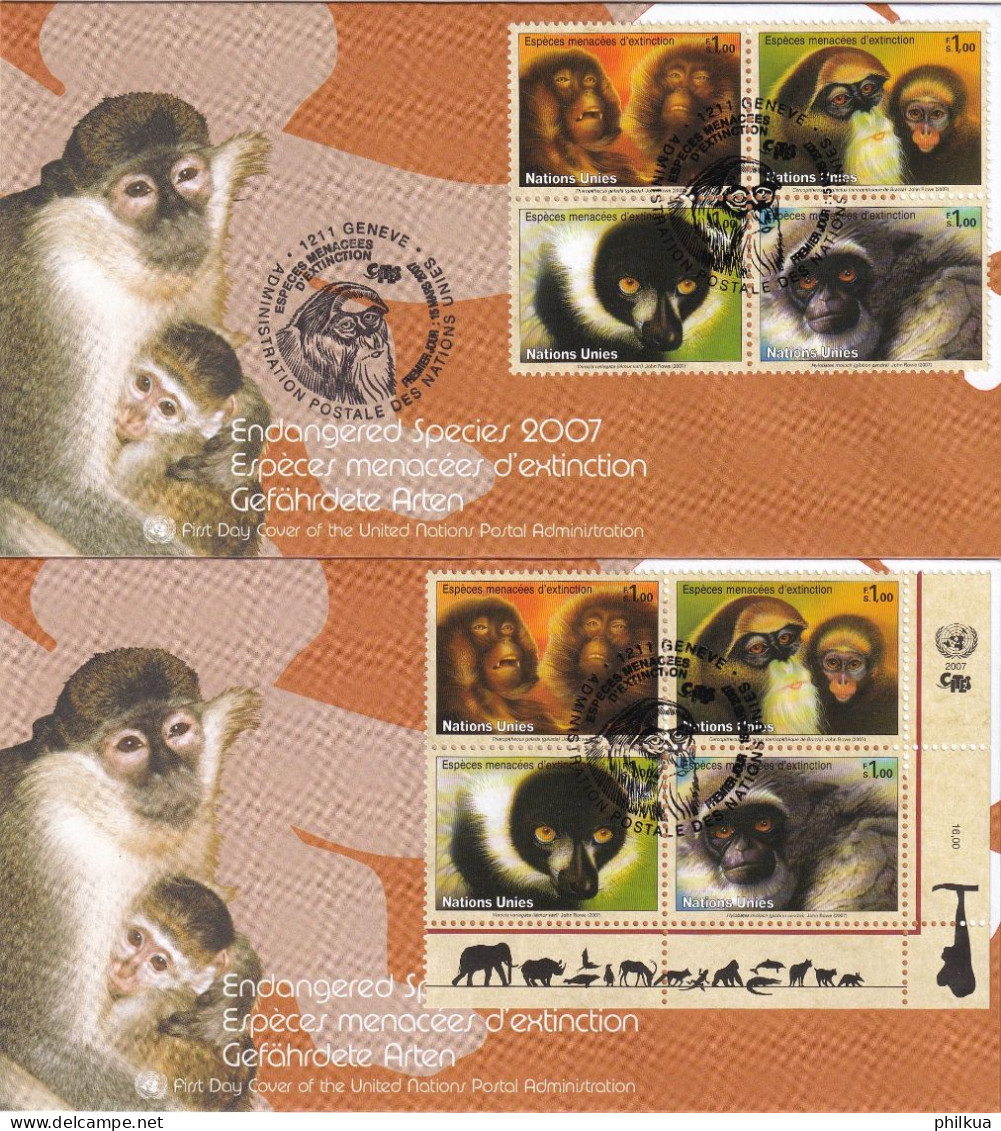 MiNr. 561 - 564 Vereinte Nationen Genf 2007, 15. März. Gefährdete Arten (XV): Primaten - 3 FDC's - Singes