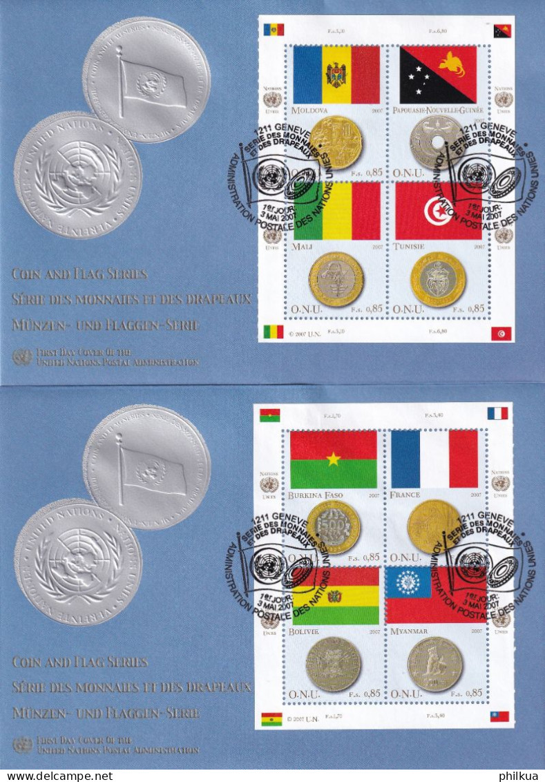 MiNr. 565 - 572 Vereinte Nationen Genf 2007, 3. Mai. Flaggen Und Münzen Der Mitgliedstaaten (II) - 2 FDC's - Apen