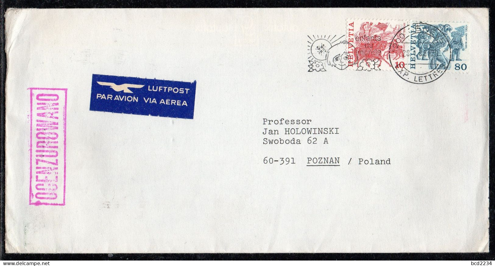 POLAND 1982 SOLIDARITY SOLIDARNOSC PERIOD MARTIAL LAW OCENZUROWANO CENSORED MAUVE CACHET WITH NO NUMBER SWITZERLAND - Storia Postale