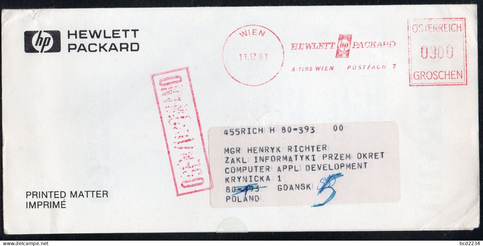 POLAND 1981 SOLIDARITY SOLIDARNOSC PERIOD MARTIAL LAW OCENZUROWANO CENSORED RED CACHET WITH NO NUMBER AUSTRIA TO GDANSK - Cartas & Documentos