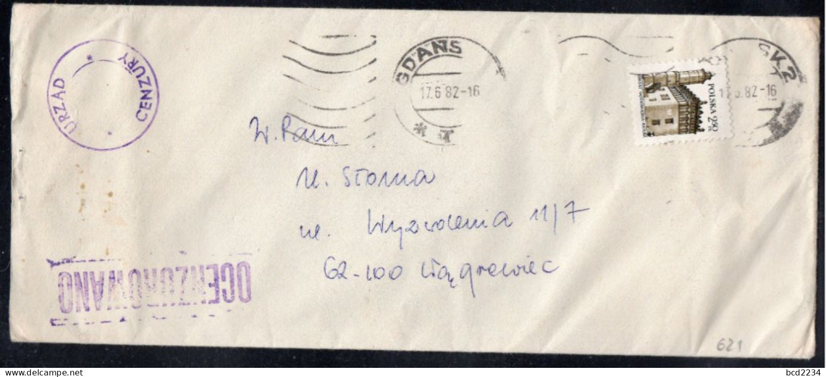 POLAND 1982 SOLIDARITY SOLIDARNOSC PERIOD MARTIAL LAW OCENZUROWANO CENSORED VIOLET CACHETS CENSOR ?? GDANSK TO WAGROWIEC - Storia Postale