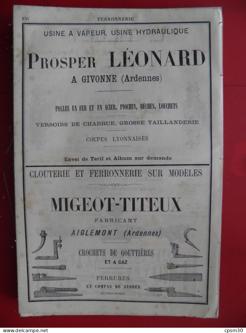 PUB 1884 - Ferronerie Tillet 08 Vrigne Aux Bois, Guillet-Fagot 08 Vivier Au Court, Léonard 08 Givonne, Migeot-Titeux 08 - Publicités