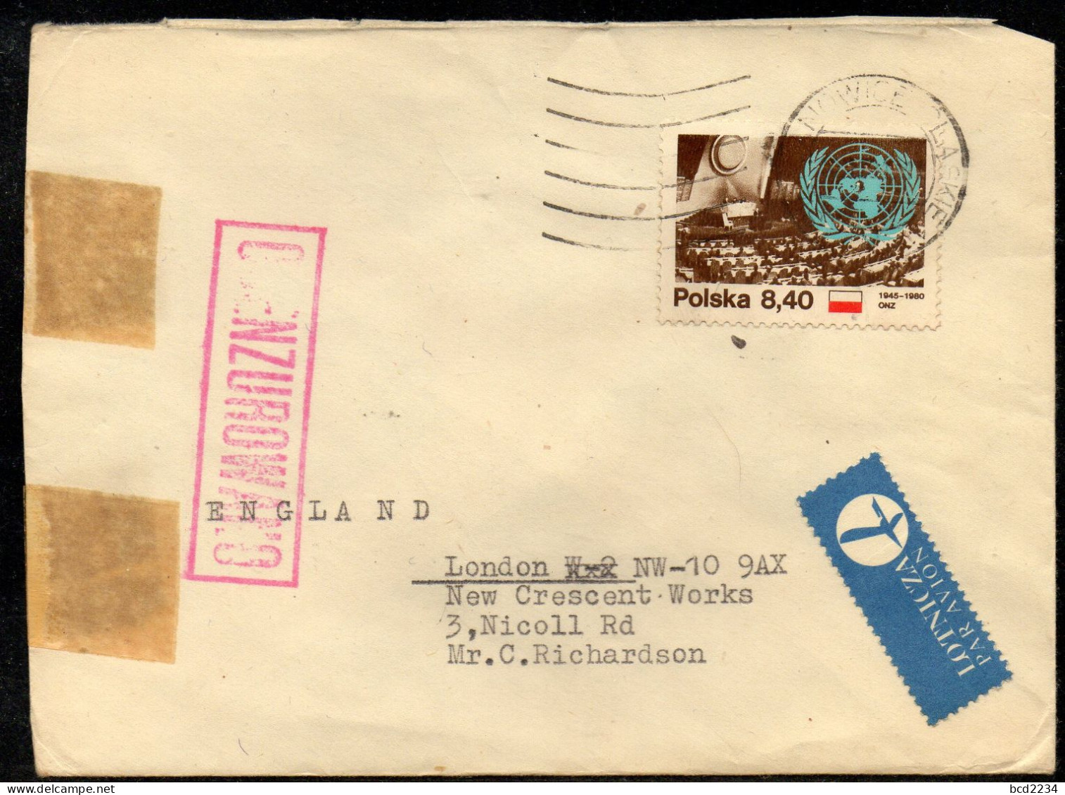 POLAND 198? SOLIDARITY SOLIDARNOSC PERIOD MARTIAL LAW OCENZUROWANO CENSORED MAUVE CACHET WITH NO NUMBER TO LONDON - Storia Postale