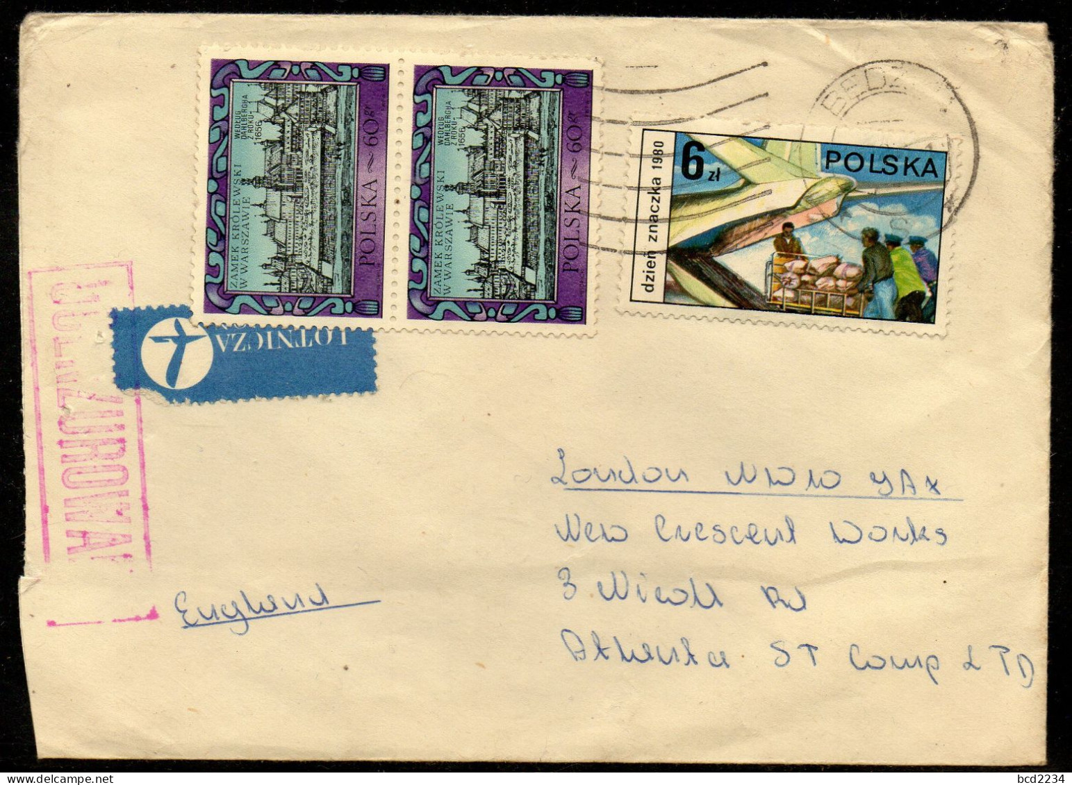 POLAND 198? SOLIDARITY SOLIDARNOSC PERIOD MARTIAL LAW OCENZUROWANO CENSORED MAUVE CACHET WITH NO NUMBER BEDZIN TO UK - Storia Postale