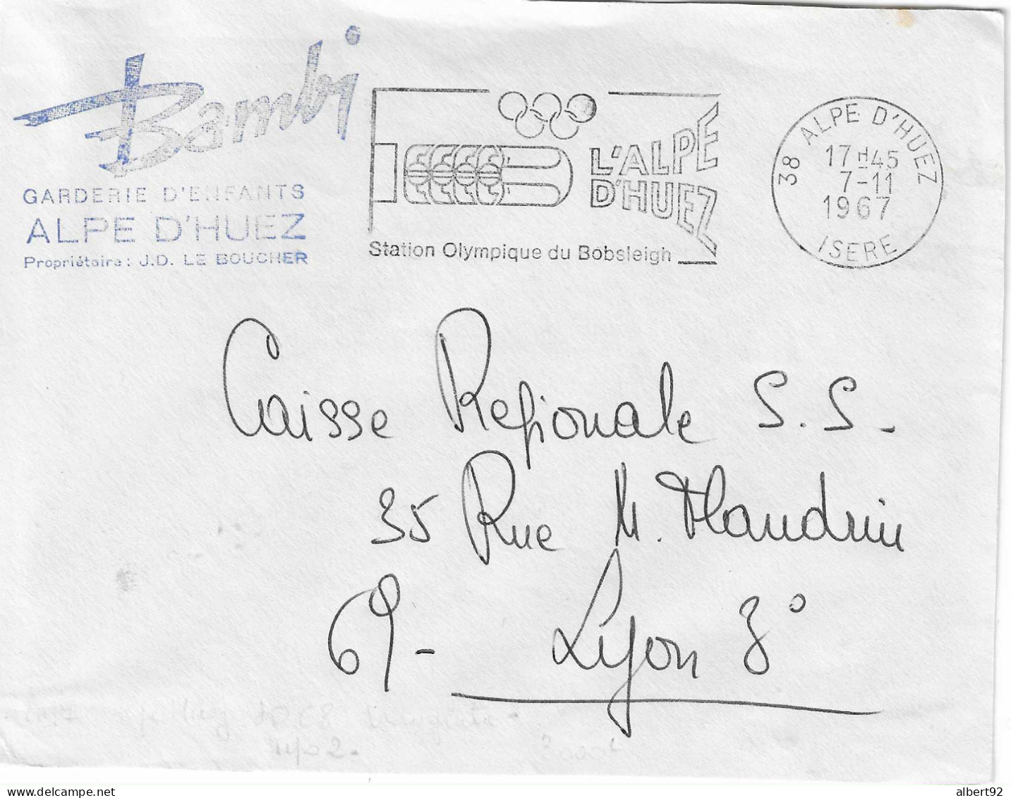 1968 Jeux Olympiques D'Hiver De Grenoble: L'Alpe D'Huez Site Du Bobsleigh: Lettre En Franchise - Invierno 1968: Grenoble