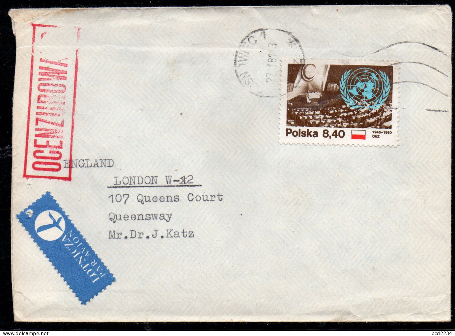 POLAND 1981 SOLIDARITY SOLIDARNOSC PERIOD MARTIAL LAW OCENZUROWANO CENSORED RED CACHET WITH NO NUMBER SOSNOWIEC TO UK - Storia Postale