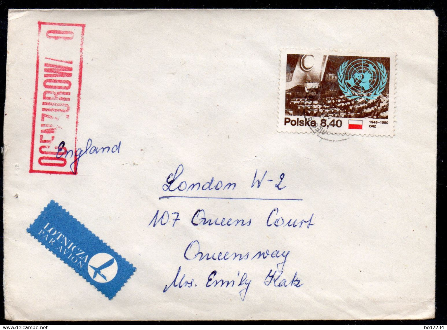 POLAND 198? SOLIDARITY SOLIDARNOSC PERIOD MARTIAL LAW OCENZUROWANO CENSORED RED CACHET WITH NO NUMBER SOSNOWIEC TO UK - Storia Postale