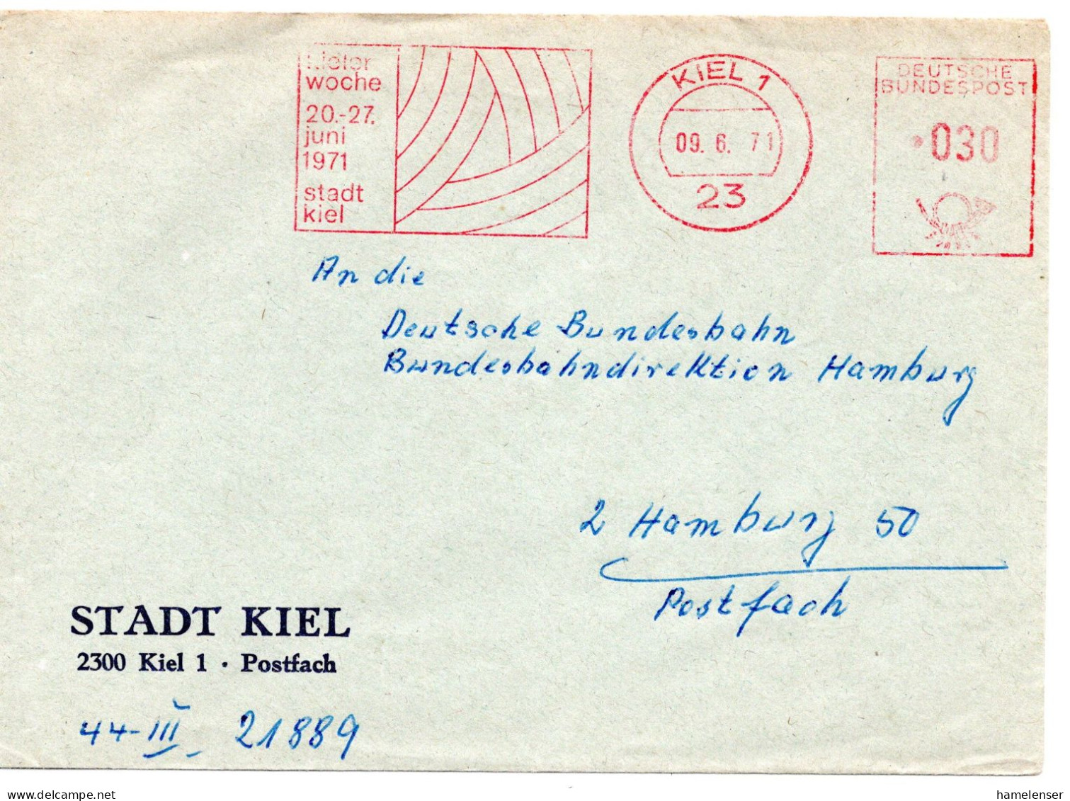 62622 - Bund - 1971 - 30Pfg AbsFreistpl "Kieler Woche" A Bf KIEL -> Hamburg - Storia Postale