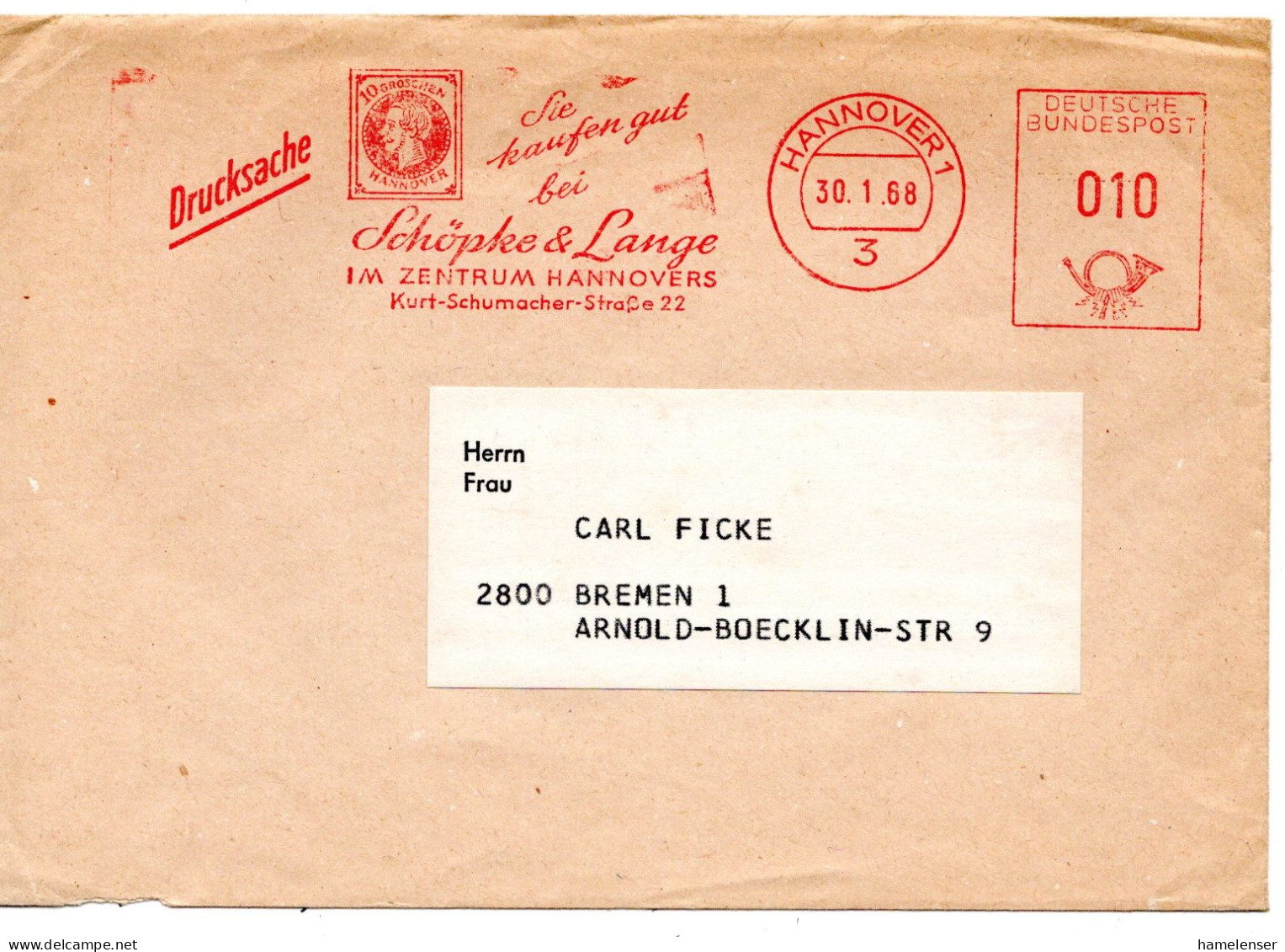 62623 - Bund - 1968 - 10Pfg AbsFreistpl "Schoepke & Lange" A DrucksBf HANNOVER -> Bremen - Briefmarken Auf Briefmarken