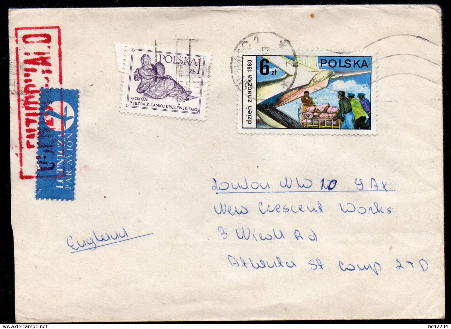 POLAND 1981 SOLIDARITY SOLIDARNOSC PERIOD MARTIAL LAW OCENZUROWANO CENSORED RED CACHET WITH NO NUMBER SOSNOWIEC TO UK - Storia Postale
