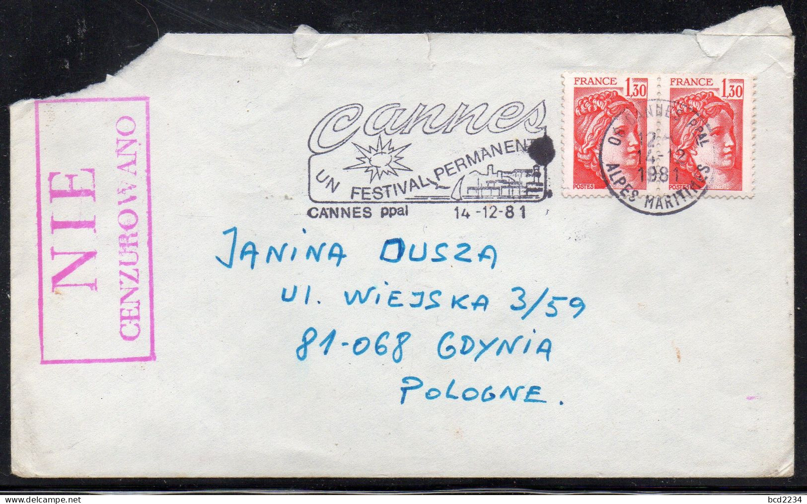 POLAND 1981 SOLIDARITY SOLIDARNOSC PERIOD MARTIAL LAW NIE CENZUROWANO NOT CENSORED MAUVE CACHET FRANCE TO GDYNIA - Lettres & Documents