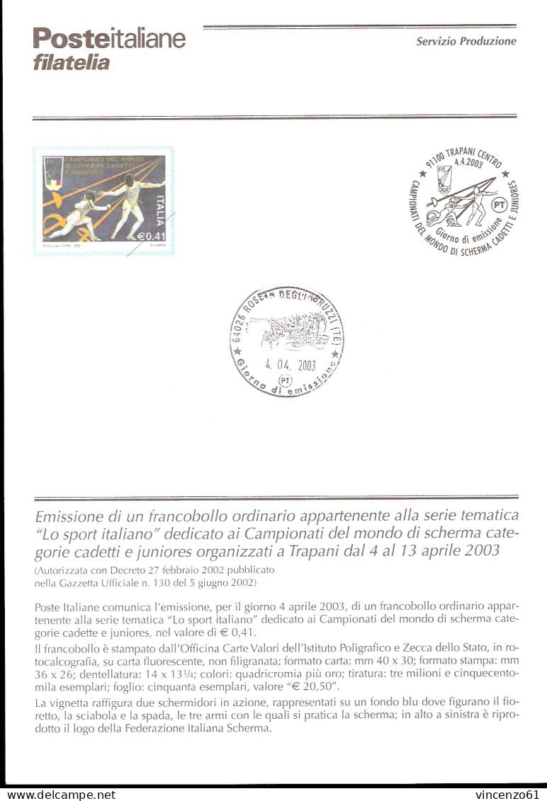 2003 Bollettino   Lo Sport Italiano. Campionati Del Mondo Di Scherma Categorie Cadetti E Juniores, Trapani. - Scherma
