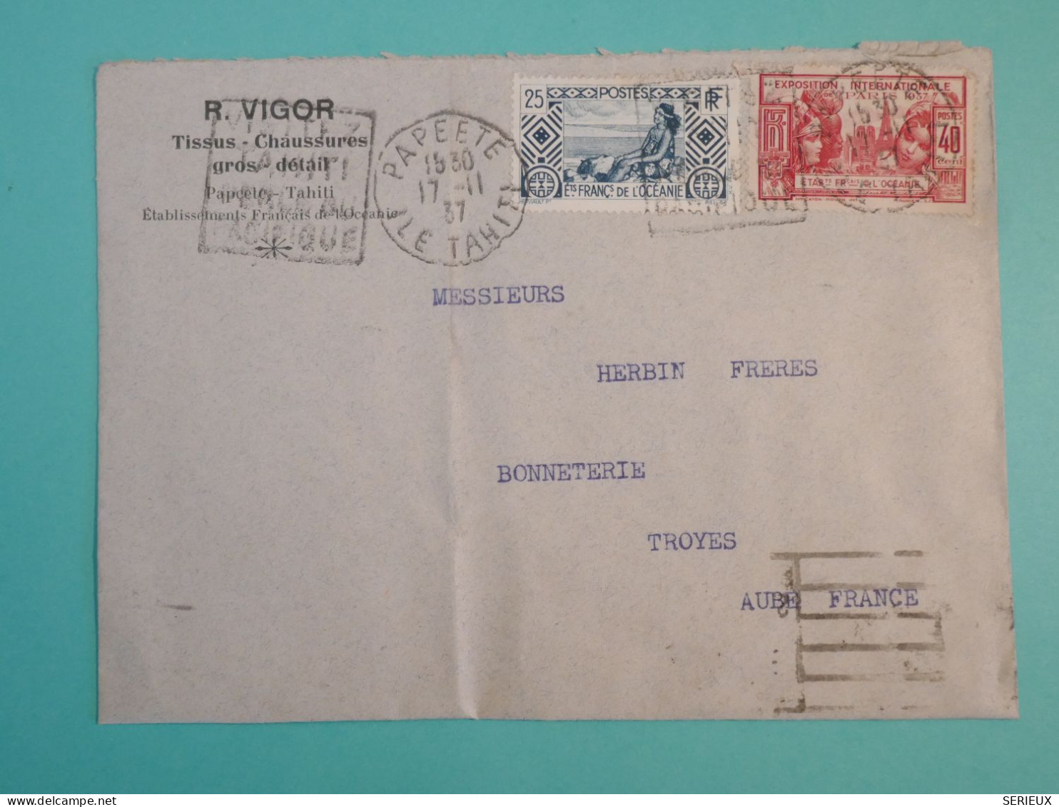 DK 11  ETS OCEANIE  BELLE LETTRE PRIVEE 1937 PAPEETE A   TROYES  FRANCE  + +AFF. INTERESSANT++ ++ + - Covers & Documents