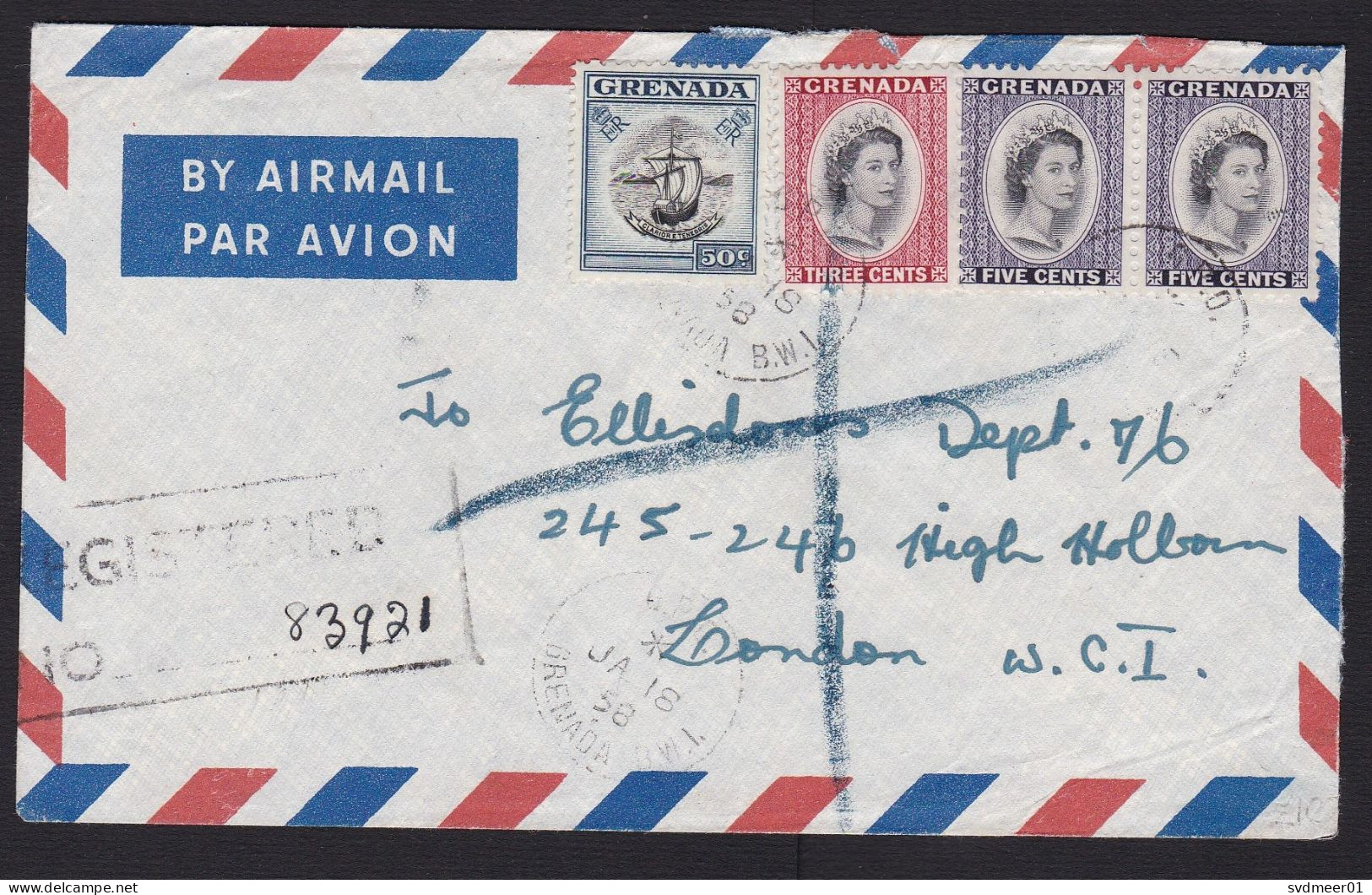 Grenada: Registered Airmail Cover To UK, 1958, 4 Stamps, Queen Elizabeth, Ship (minor Damage) - Grenade (...-1974)