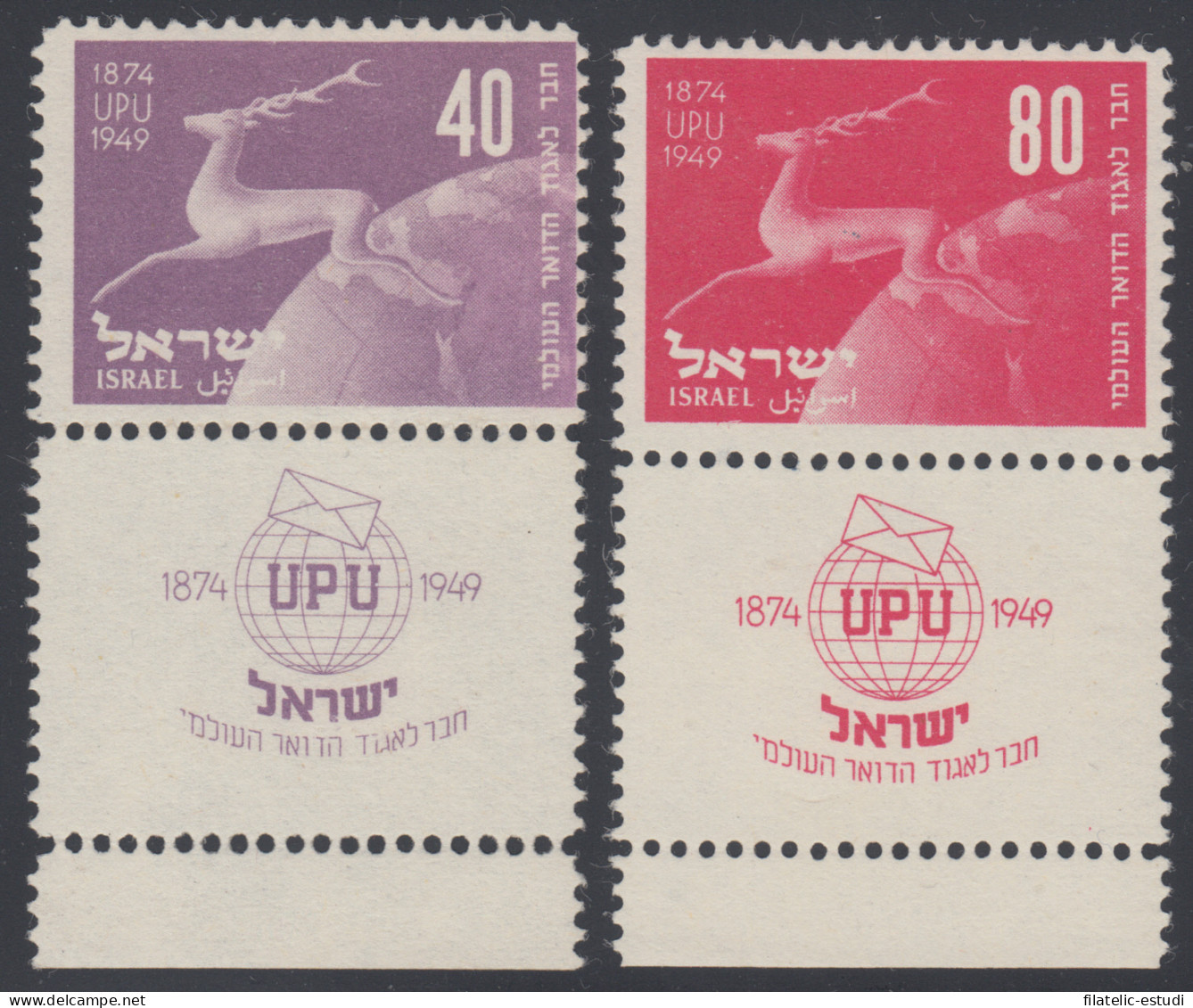 Israel 27/28 1950 75 Aniv. UPU Ciervo Deer Fauna Con Tab MNH - Autres & Non Classés