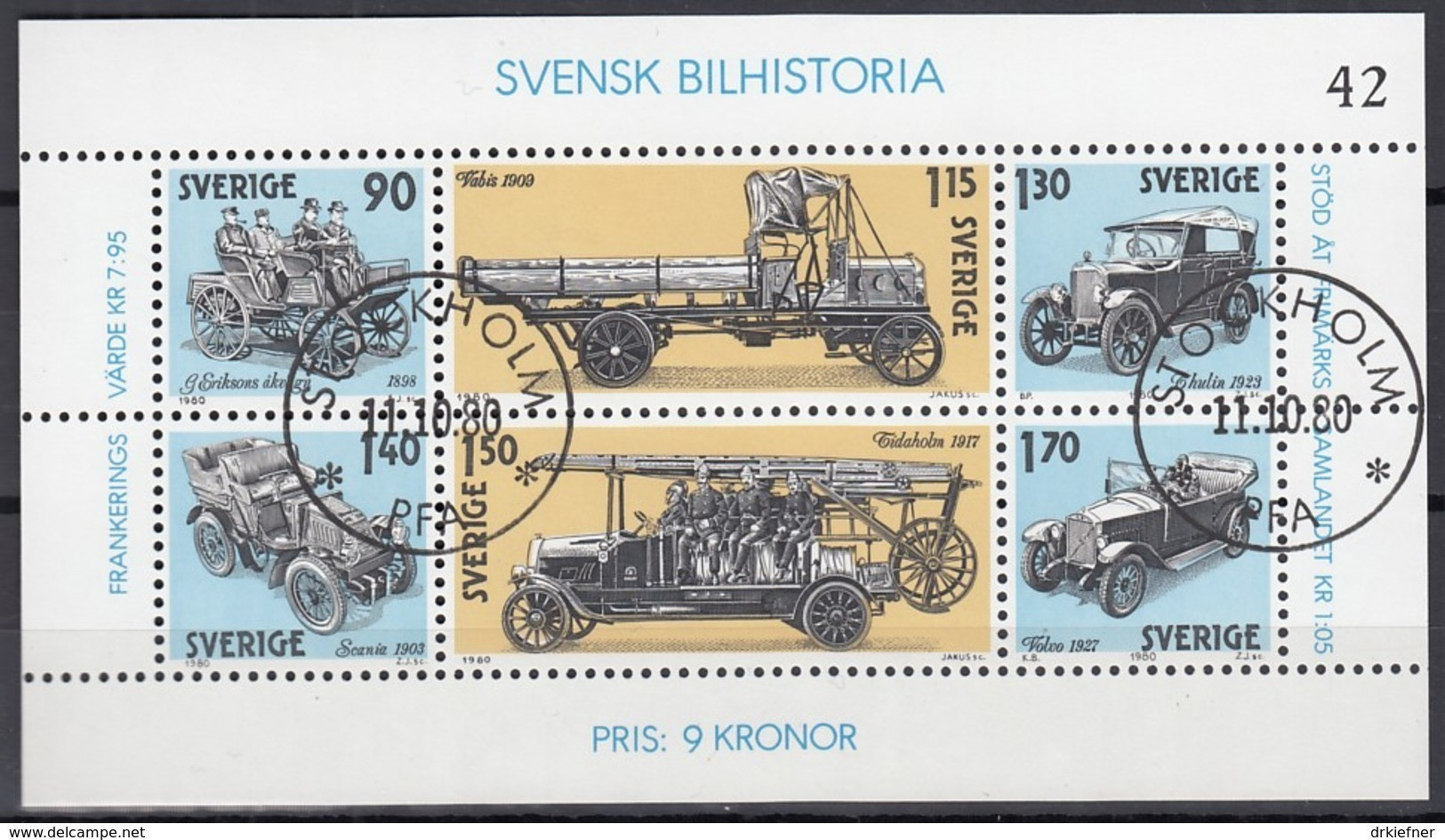 SCHWEDEN  Block 8, Gestempelt, Geschichte Des Schwedischen Automobilbaus 1980 - Blocs-feuillets