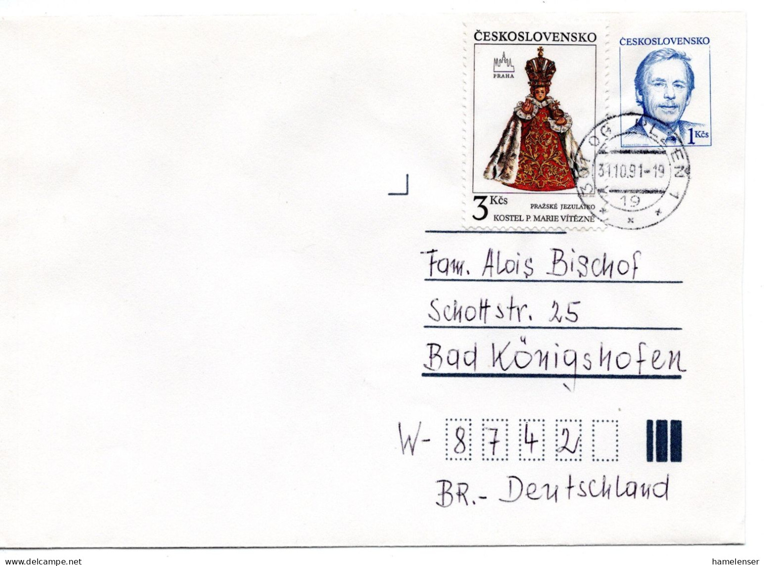62639 - Tschechoslowakei - 1991 - 1Kcs GAU "V. Havel" M ZusFrankatur PLZEN -> Deutschland - Cartas & Documentos
