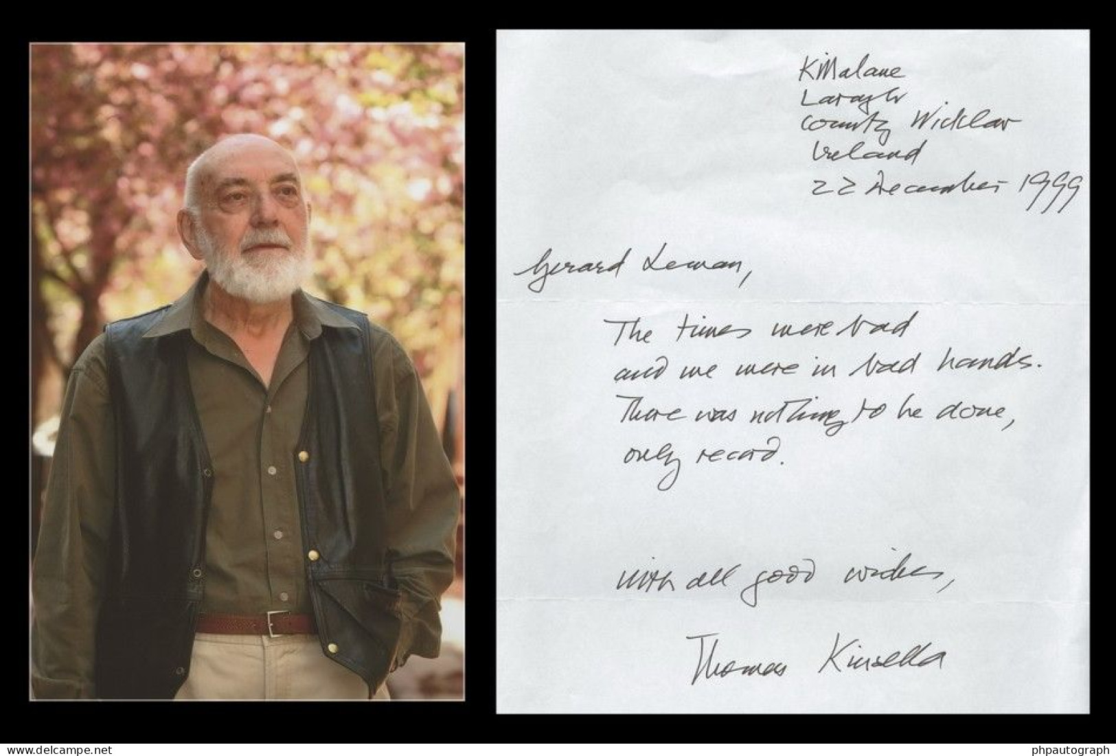 Thomas Kinsella (1928-2021) - Irish Poet - Rare Signed Handwritten Poem - 1999 - Ecrivains