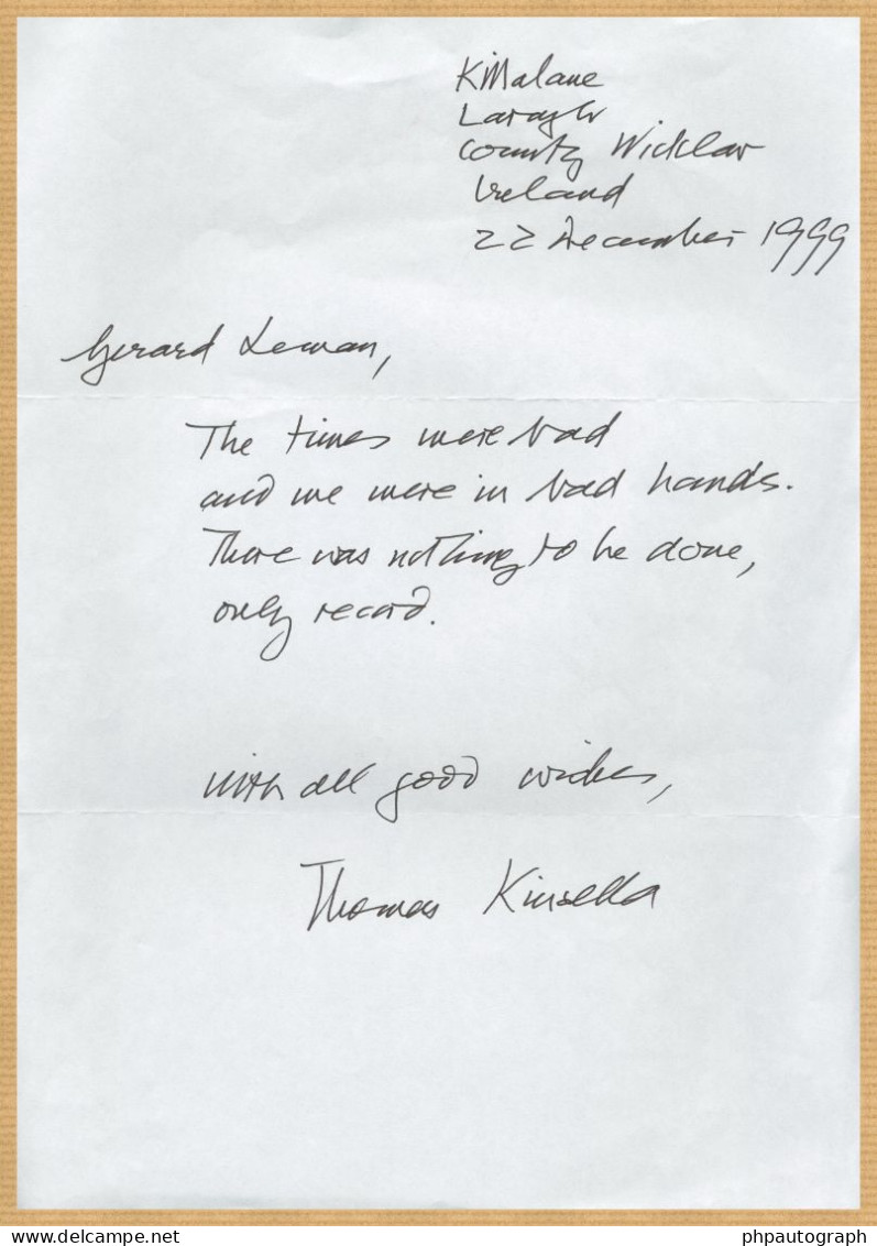 Thomas Kinsella (1928-2021) - Irish Poet - Rare Signed Handwritten Poem - 1999 - Schrijvers