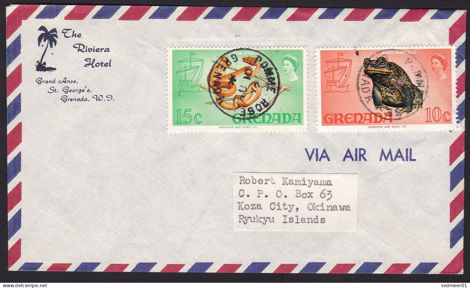 Grenada: Airmail Cover To Ryukyu Islands, 2 Stamps, Snake, Frog, Animal, Cancel Pomme Rose, From Hotel (minor Damage) - Grenada (...-1974)