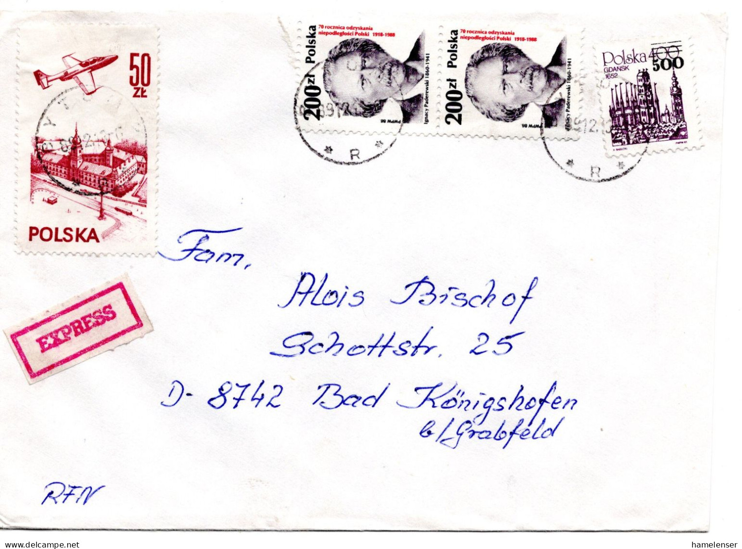 62640 - Polen - 1991 - 500/4Zl MiF A EilBf BYTOM -> Deutschland - Lettres & Documents