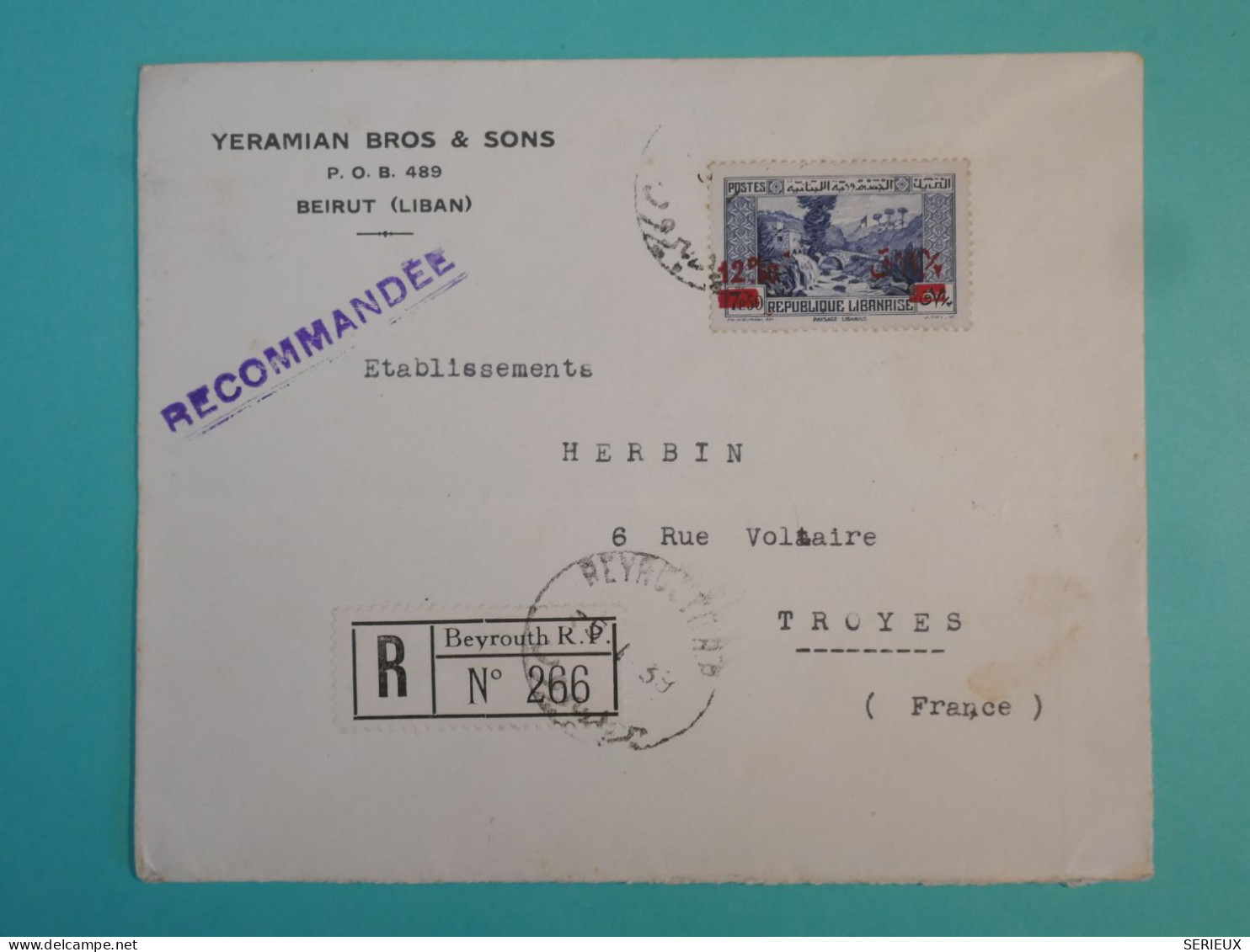 DK 11  LIBAN   BELLE LETTRE  PRIVEE RECO 1931   BEIRUT   A TROYES  FRANCE  +SURCHARGE +AFF. INTERESSANT++ ++ + - Lettres & Documents