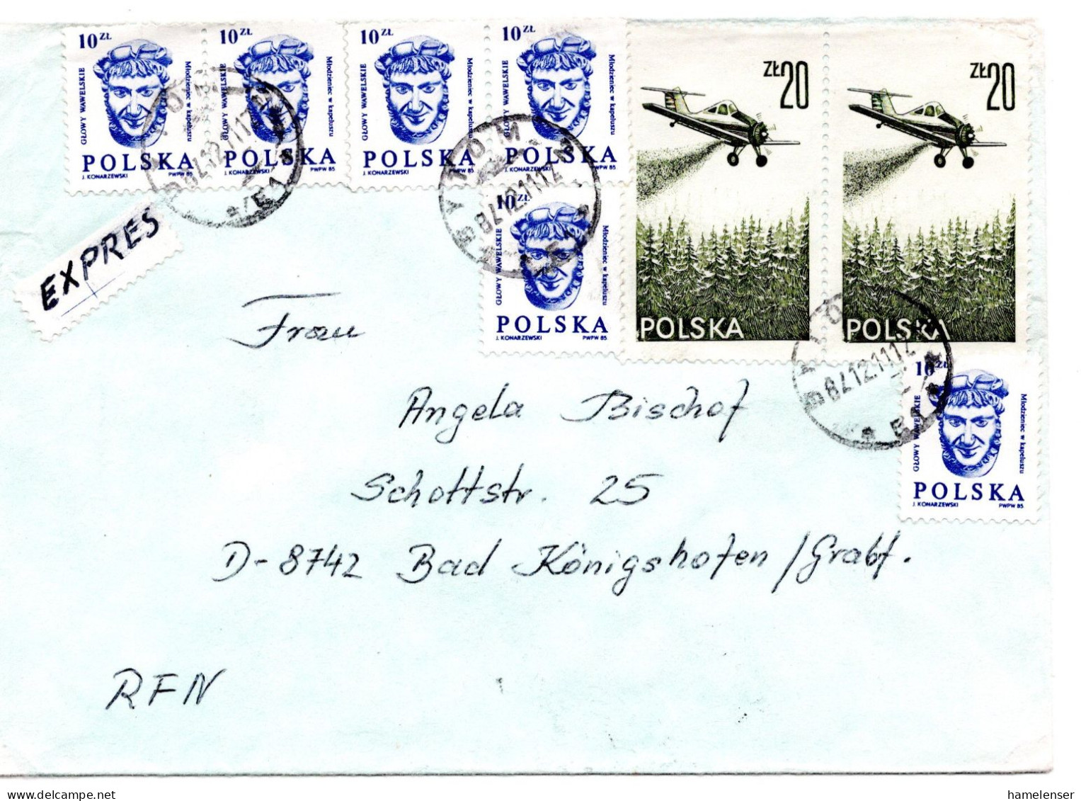 62641 - Polen - 1987 - 2@20Zl Flugzeug MiF A EilBf BYTOM -> BAD KOENIGSHOFEN (Westdeutschland) - Covers & Documents