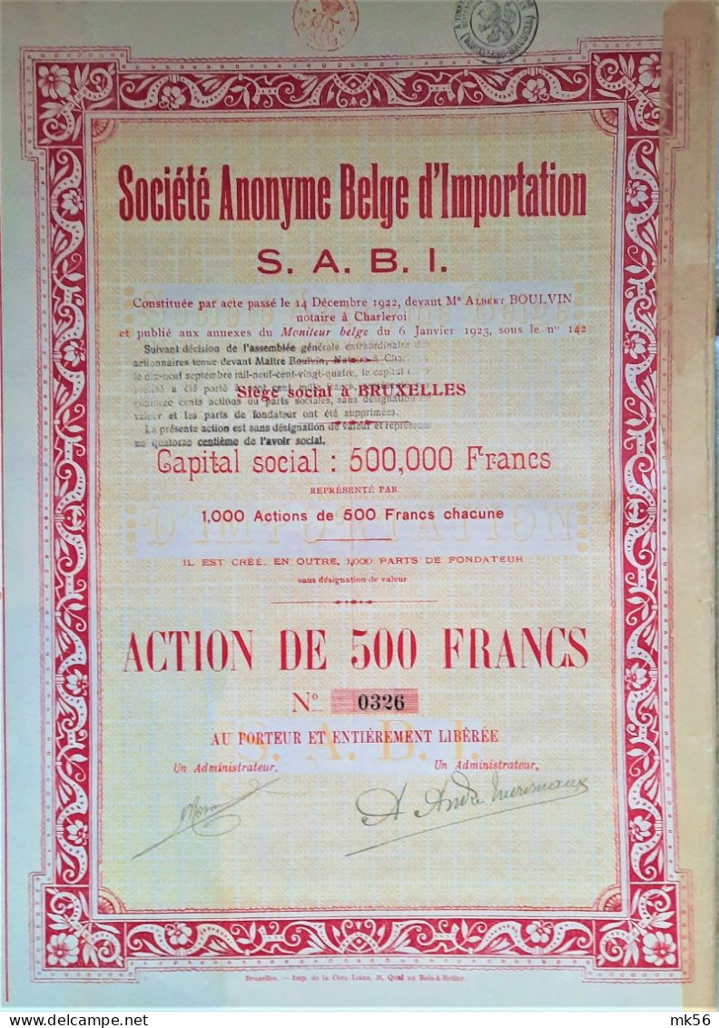 S.A. Belge D'importation - SABI - Bruxelles - 1923 - Action De 500 Francs - Railway & Tramway