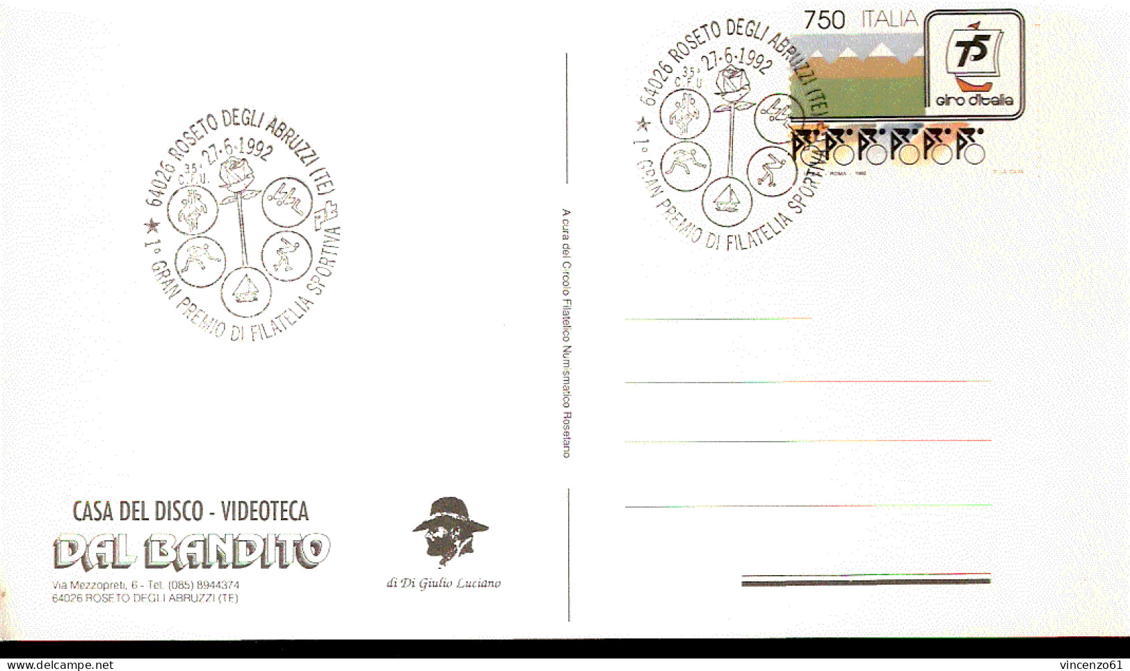 CARTOLINA CON ANNULLO SPECIALE ABRUZZOPHIL 1992 1° GRAN PREMIO DI FILATELIA SPORTIVA - Fencing