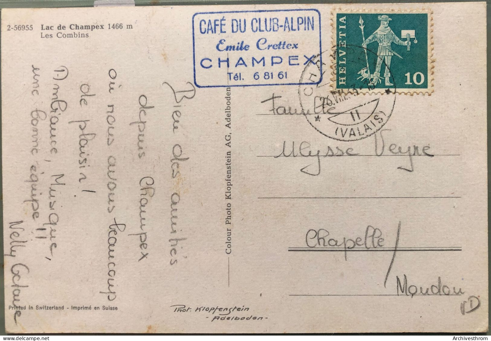 Lac Champex Et Les Combins ; Cachet Du Café Du Club-Alpin - E. Crettex (16'192) - Orsières