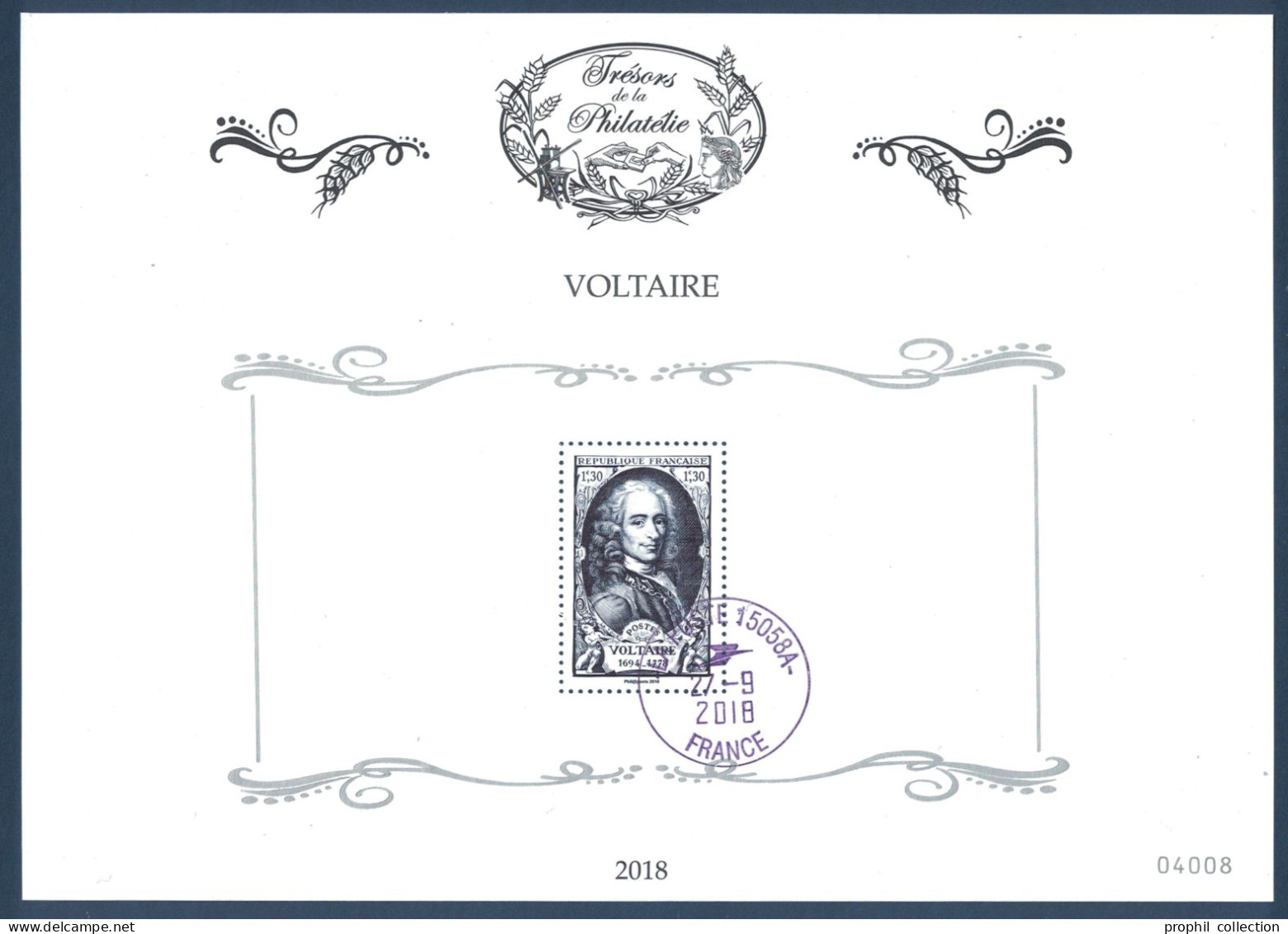 TRÉSORS DE LA PHILATÉLIE : BLOC " VOLTAIRE " (TIMBRE TYPE N° 854)  OBLITÉRÉ LA POSTE 2018 CHAMBERY SAVOIE - Oblitérés