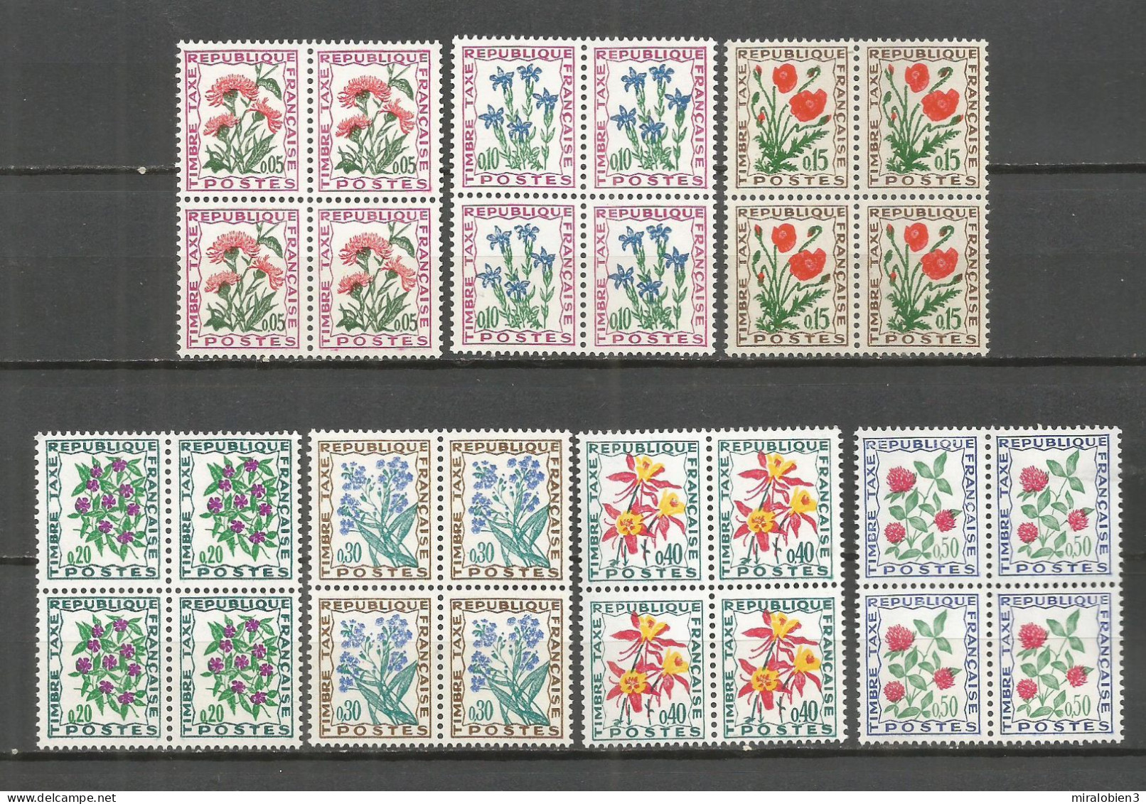 FRANCIA TAXE IMPUESTOS YVERT NUM. 95/101 ** NUEVOS SIN FIJASELLOS EN BLOQUE DE 4 - 1960-.... Mint/hinged