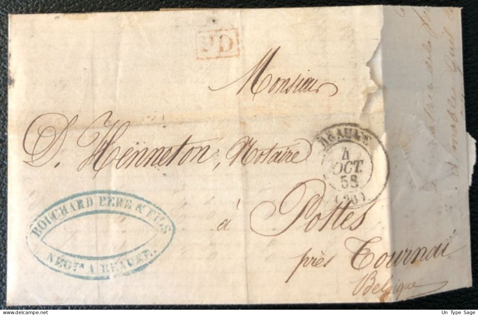 France, TAD FRANCE PAR MOUSCRON 5.10.1858, Sur Lettre De Beaune Pour Tournai, Belgique - (B3211) - Entry Postmarks