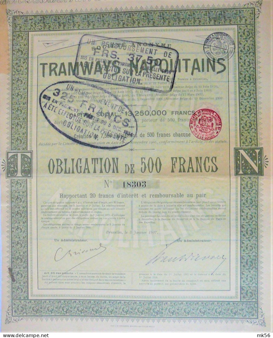 S.A.Tramways Napolitains - Obligation De 500 Francs (1907) - Chemin De Fer & Tramway